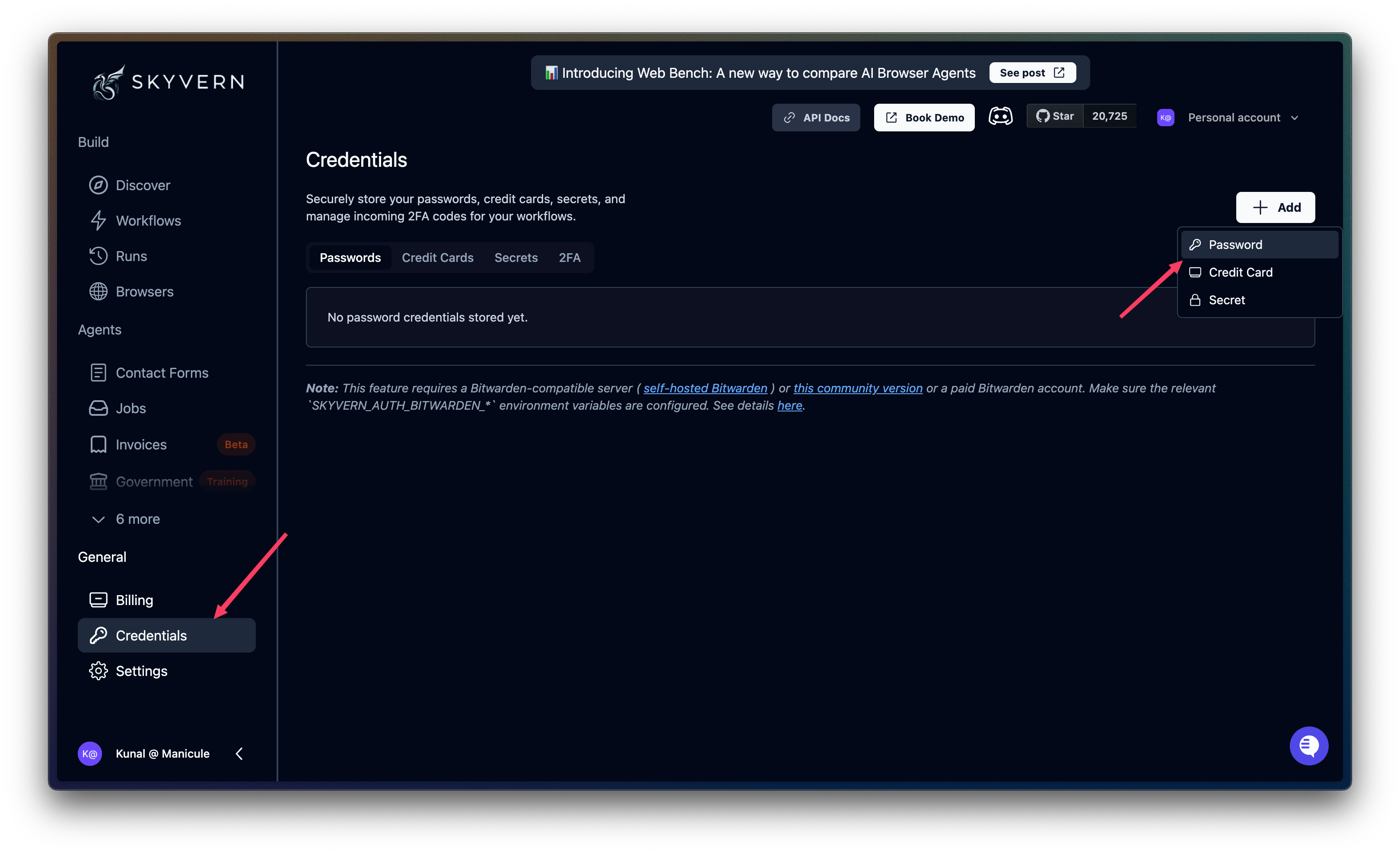 Creating a password credential on Skyvern