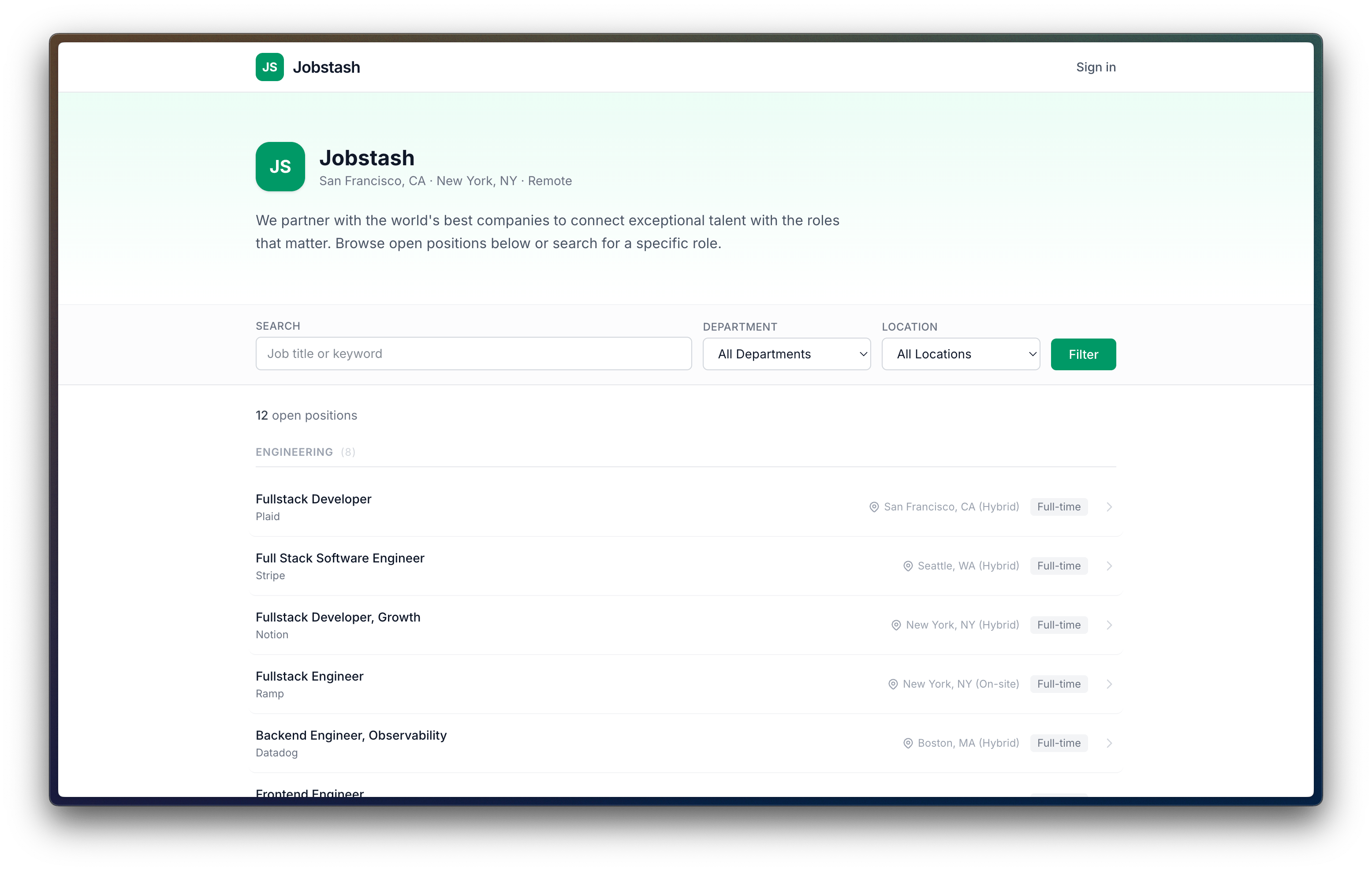 Job Stash, a demo job portal
