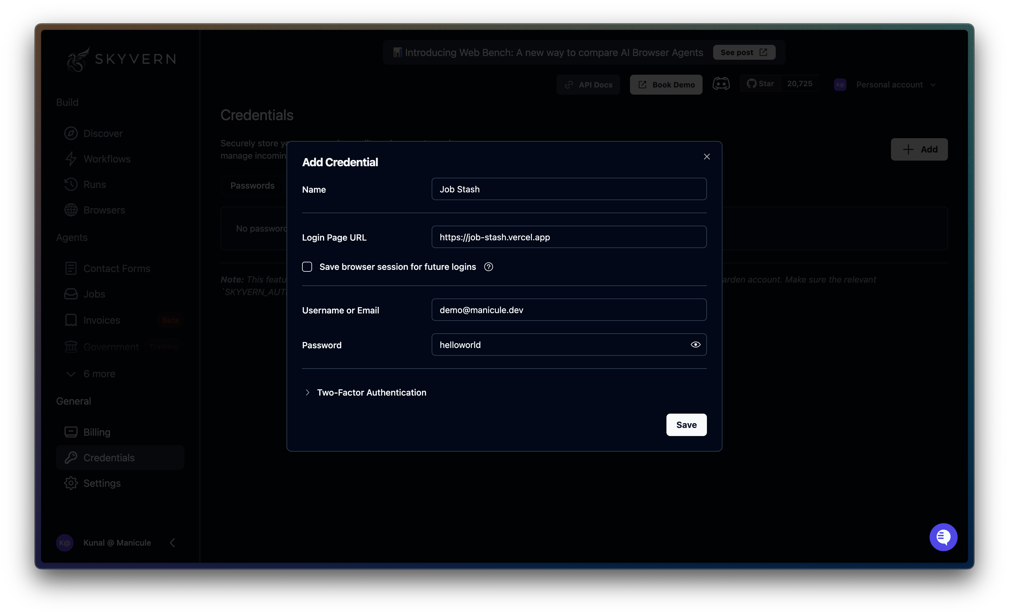 Fill username and password to add a credential to Skyvern