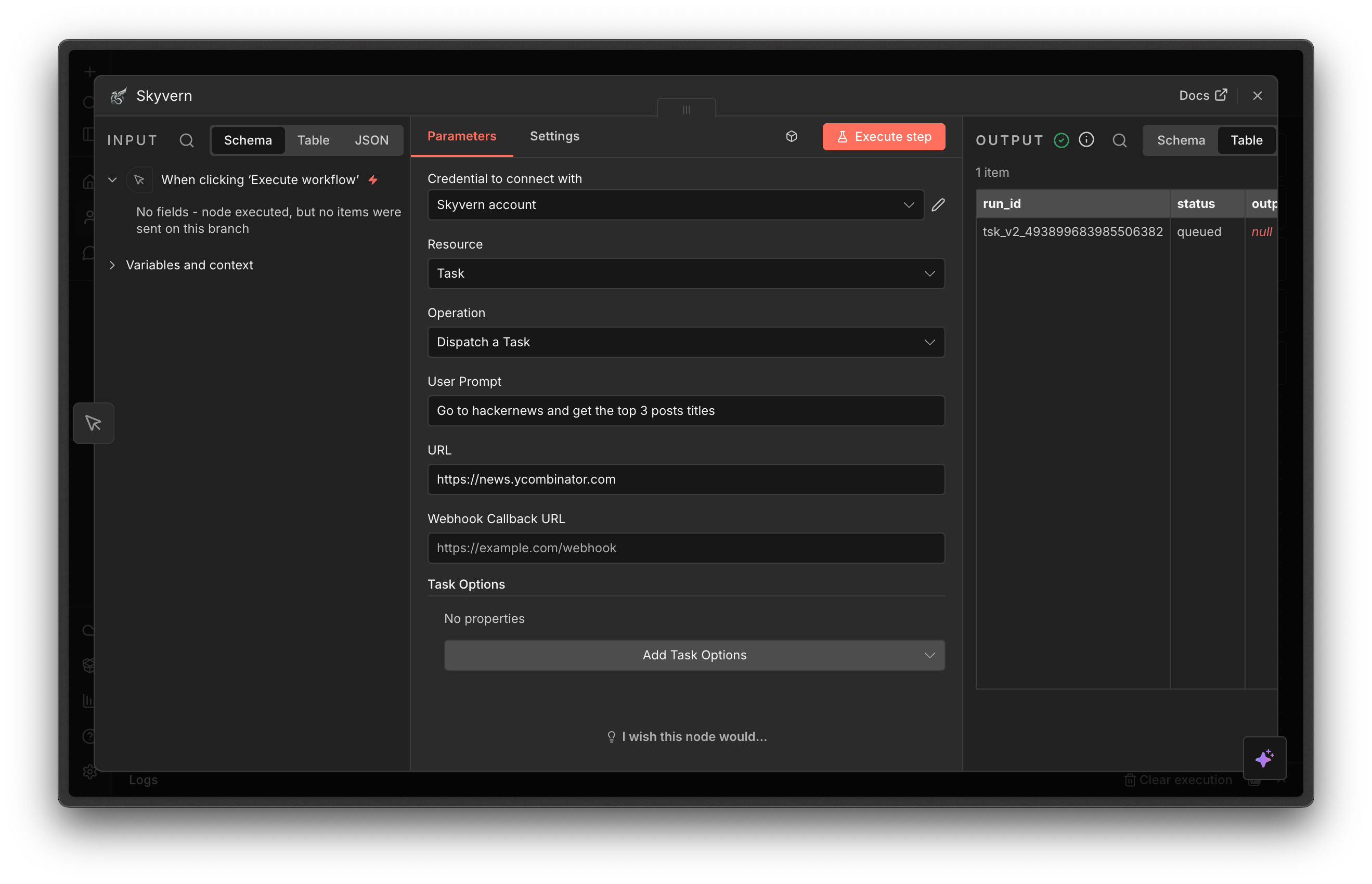 Configure Dispatch a Task fields in n8n