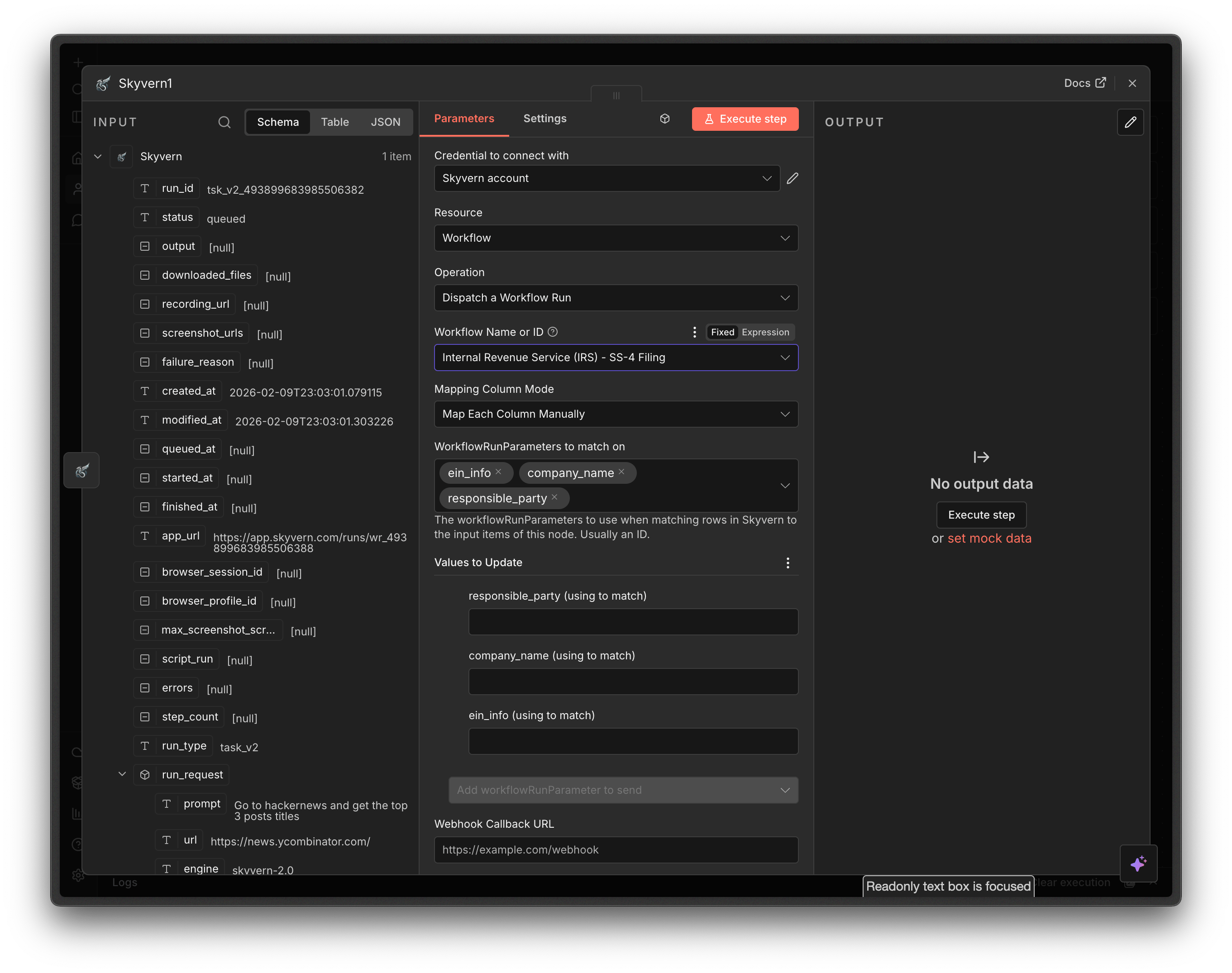 Configure Dispatch an Agent Run fields in n8n