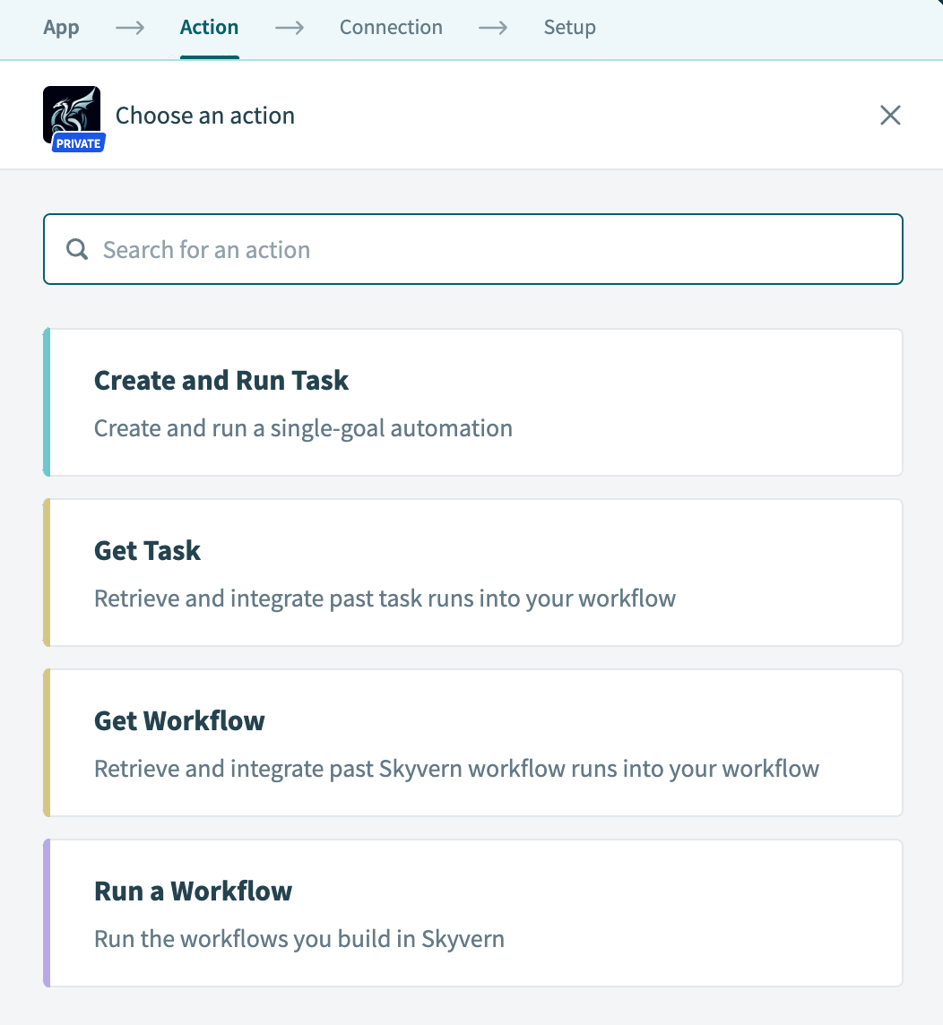 List of available Skyvern actions in Workato