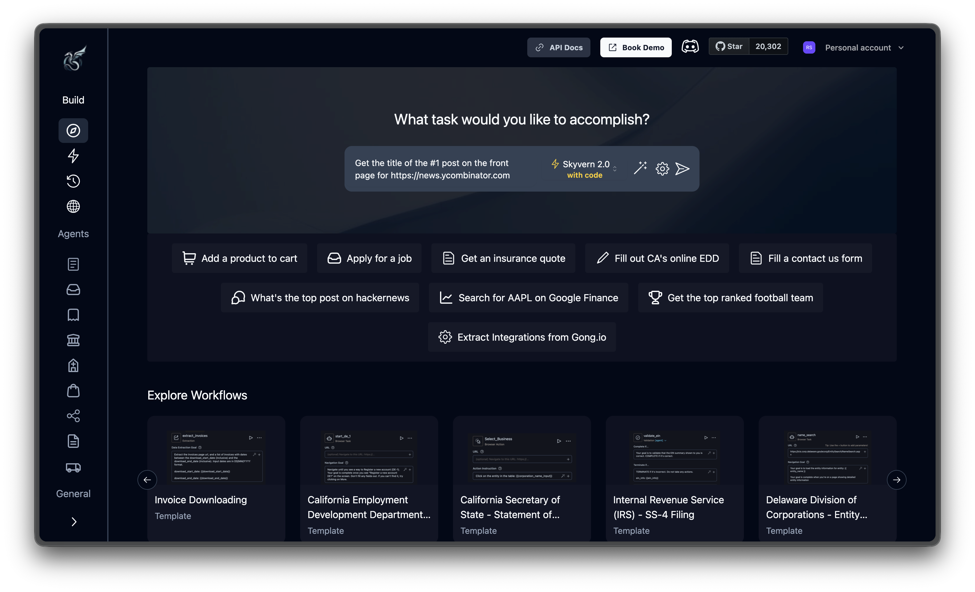 Skyvern Cloud dashboard showing the Discover page