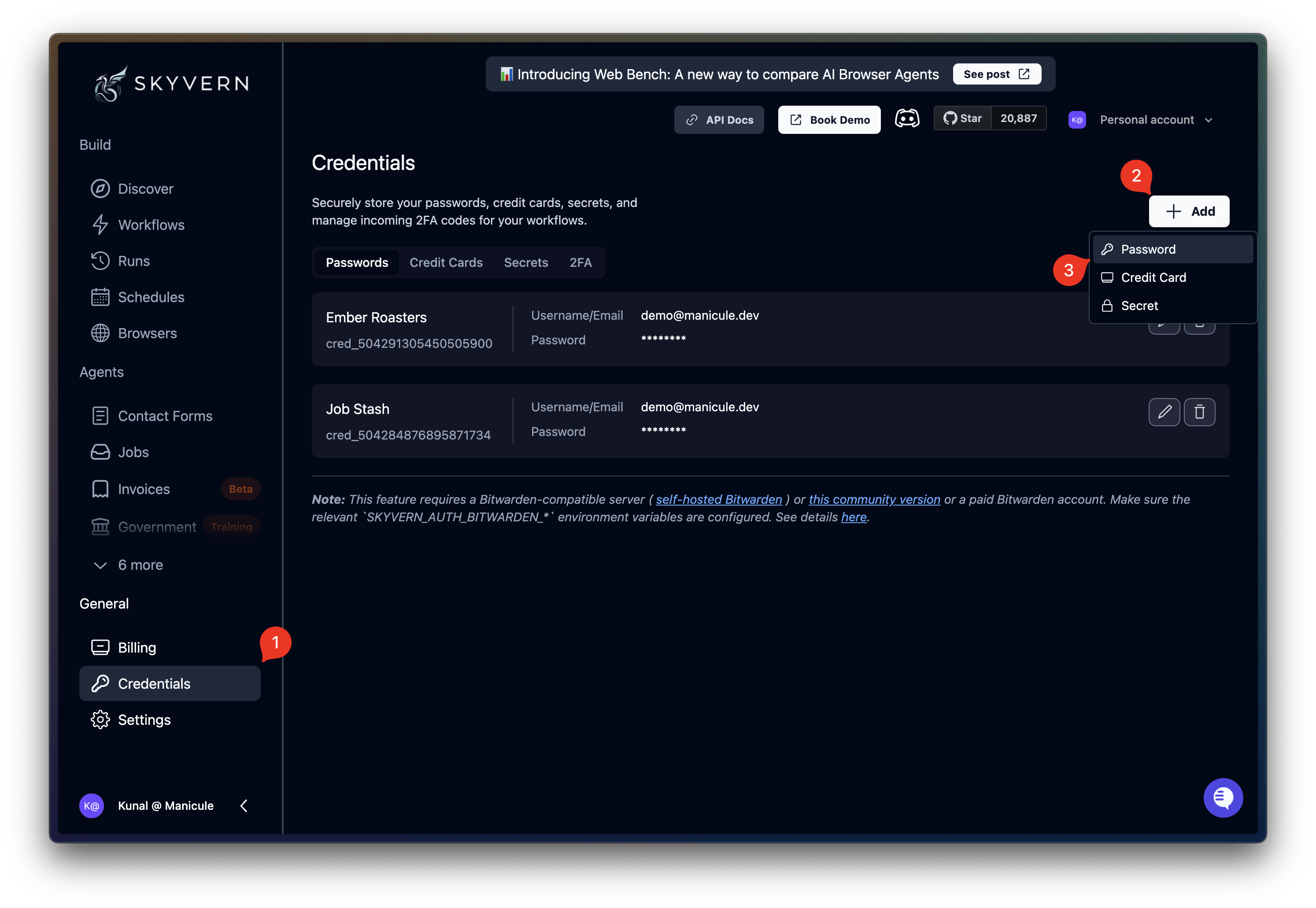 Credentials page showing password credentials with the Add button highlighted