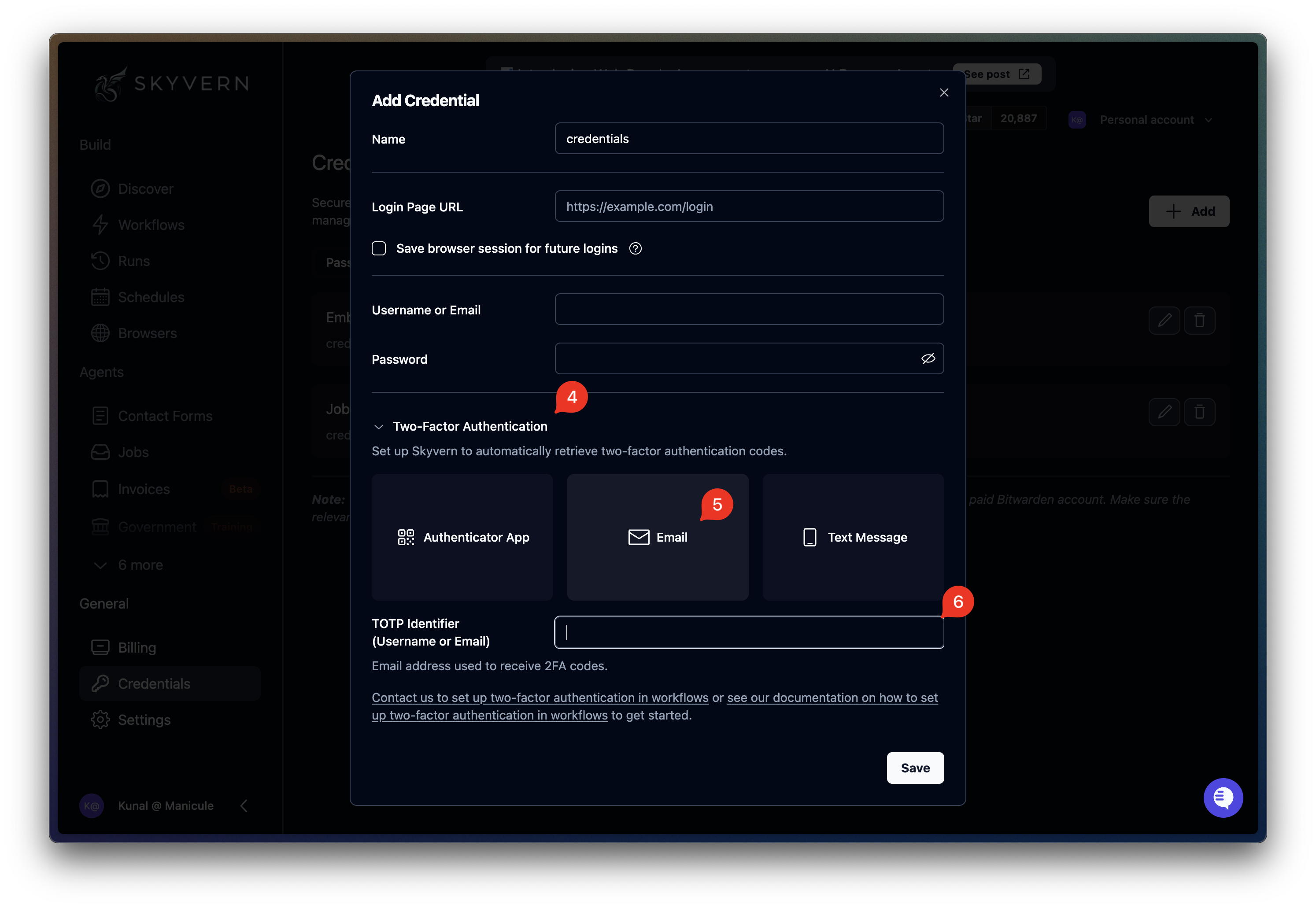 Add Credential dialog with Email selected and the TOTP Identifier field