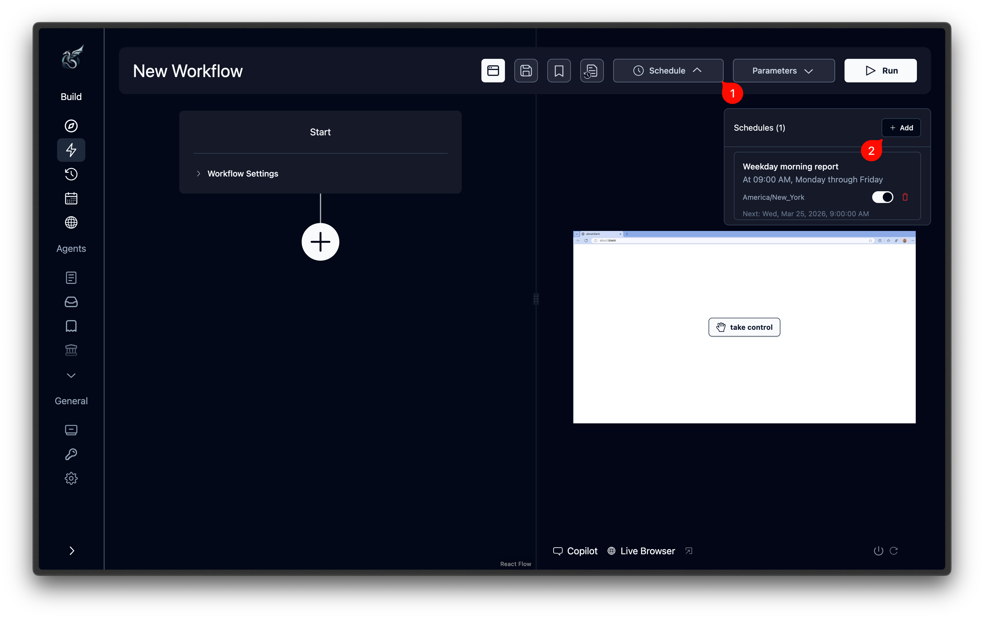 Agent editor page with Schedule button (clock icon) in the header bar