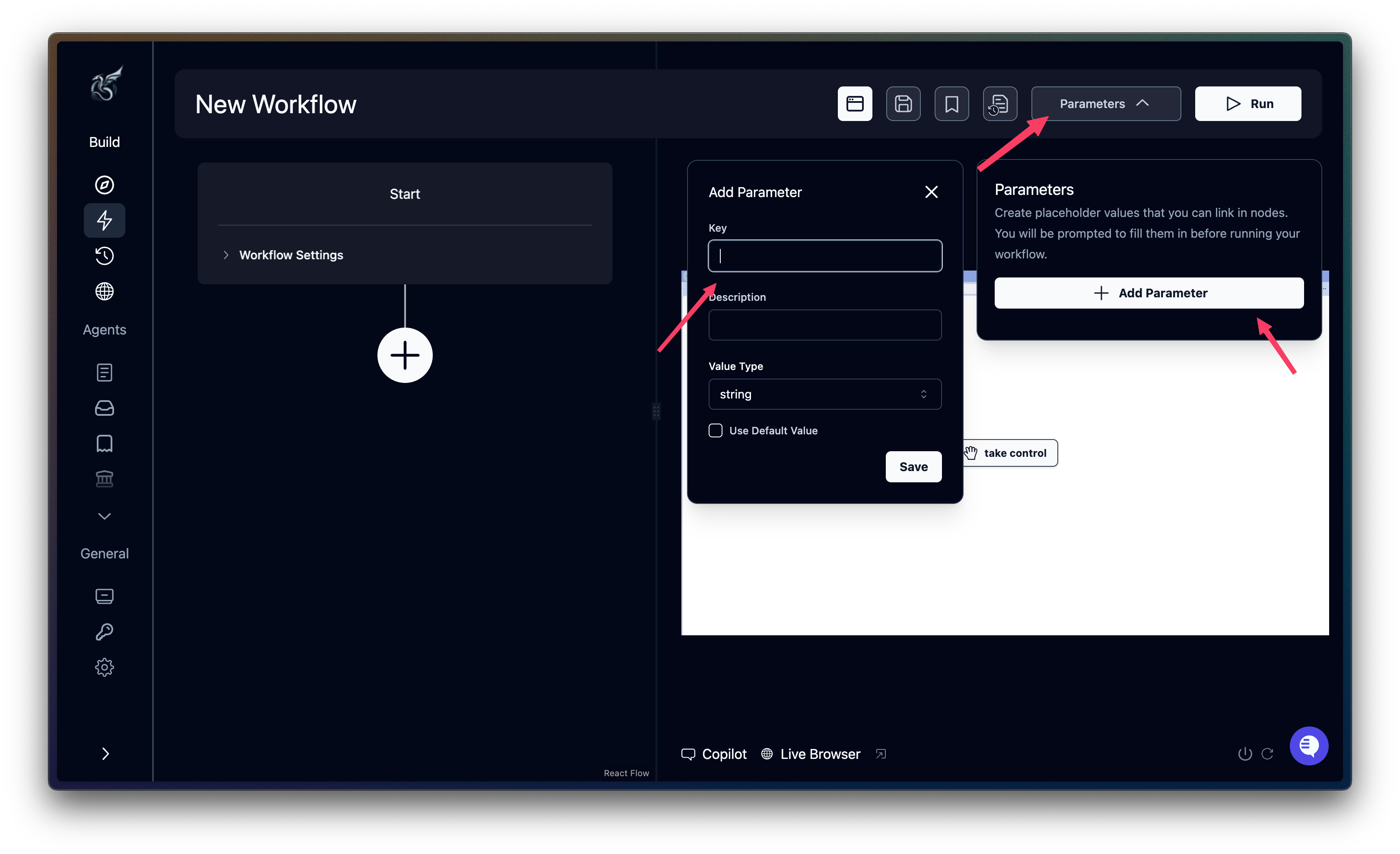 Setting input parameters in an agent in Skyvern