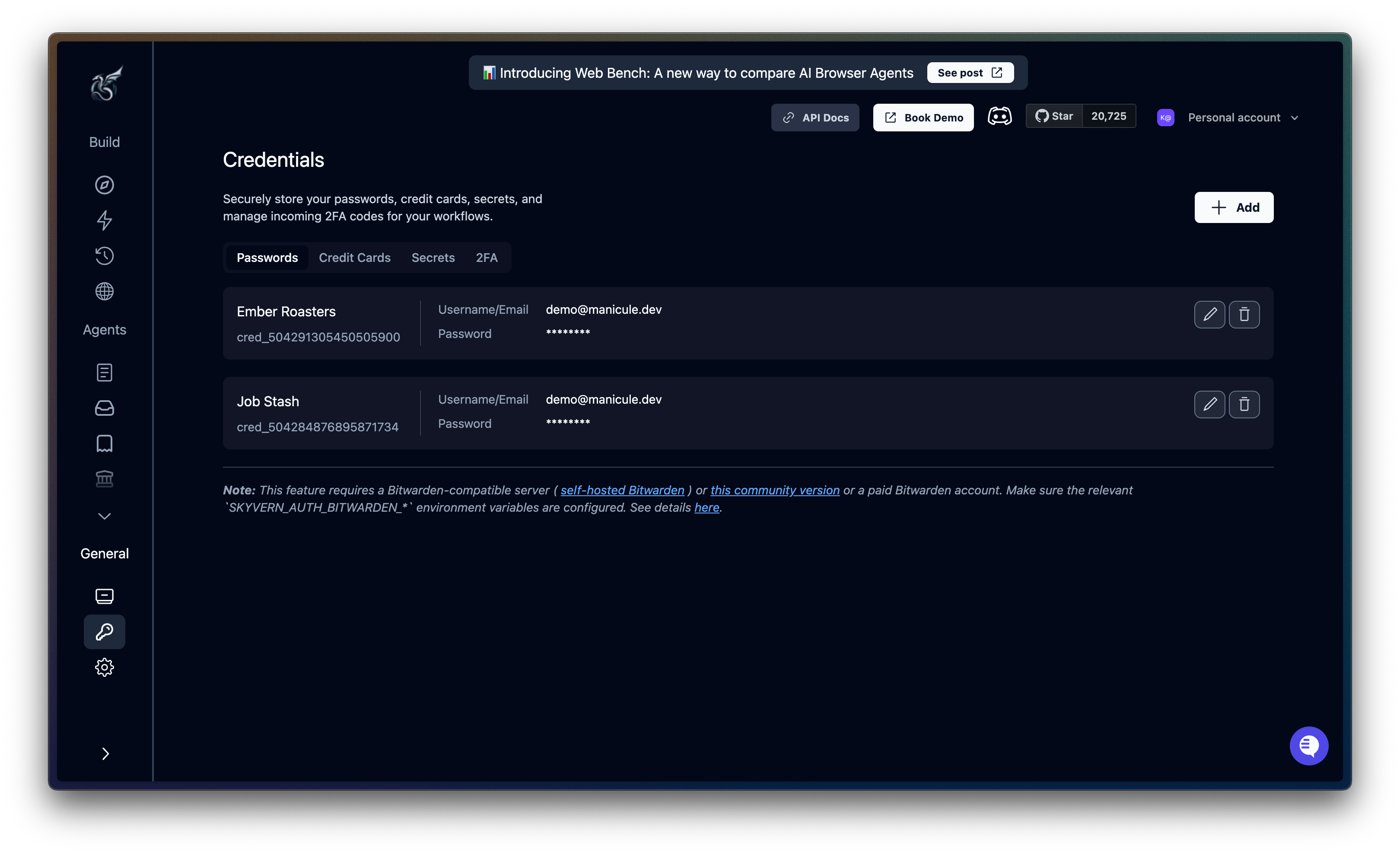 Fill username and password to add a credential to Skyvern