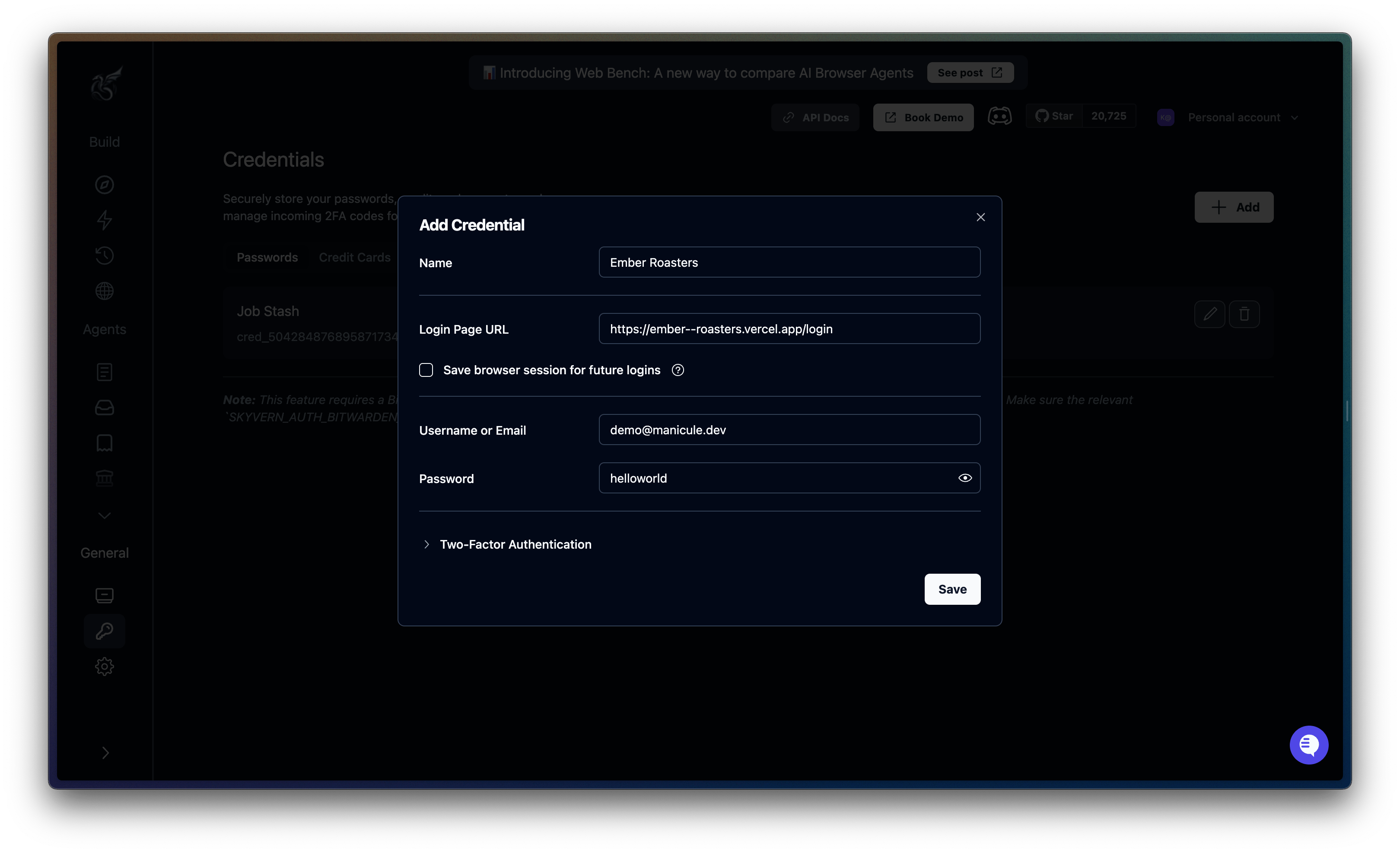 Fill username and password to add a credential to Skyvern
