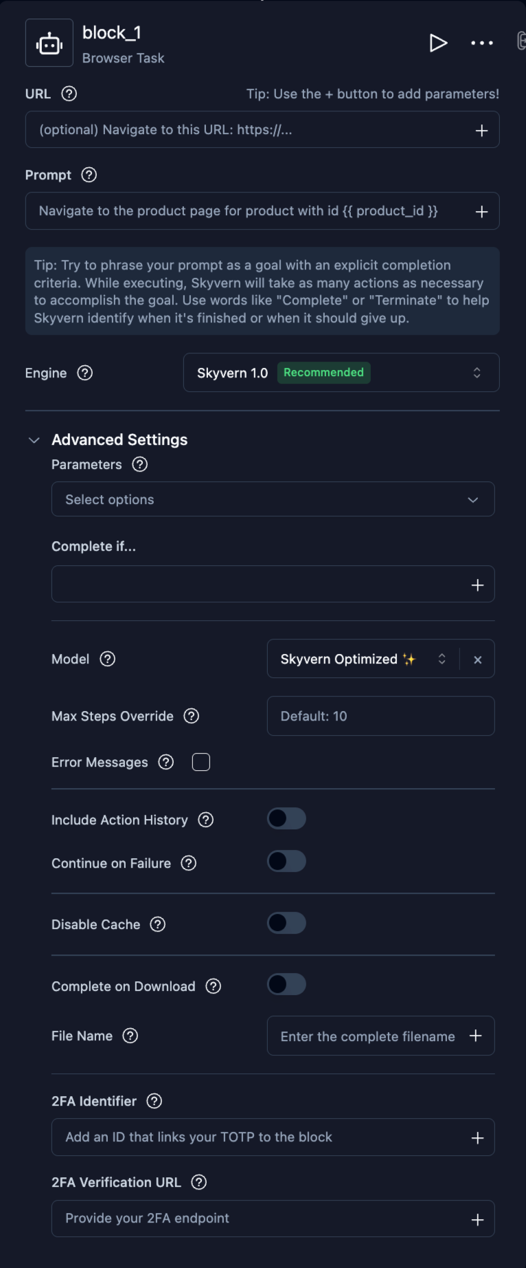 Browser Task block configuration with URL and prompt fields