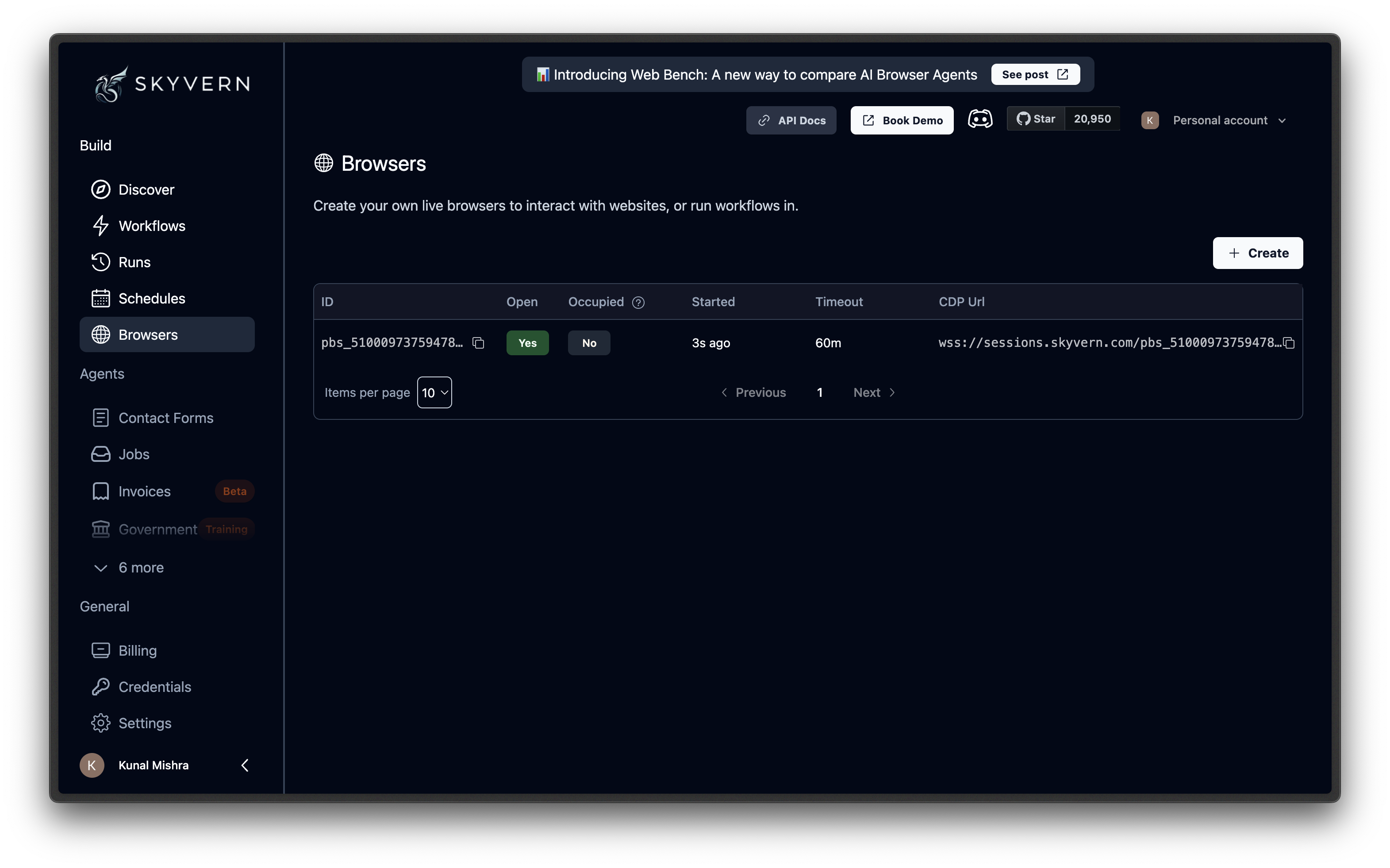 Browsers page with the sessions table showing columns for ID, open status, occupied status, started time, timeout, and CDP URL