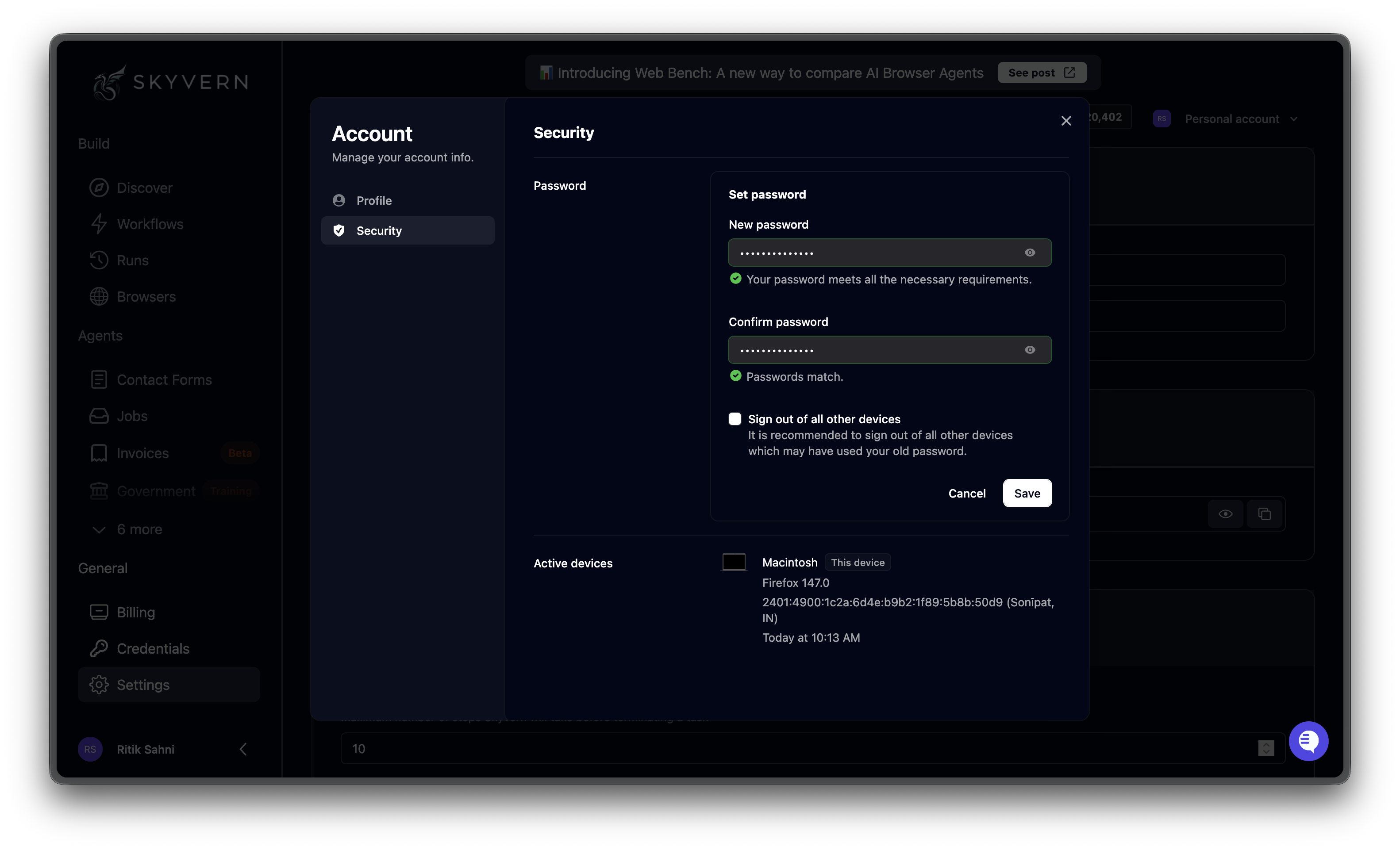 Account Security tab showing password fields and active devices