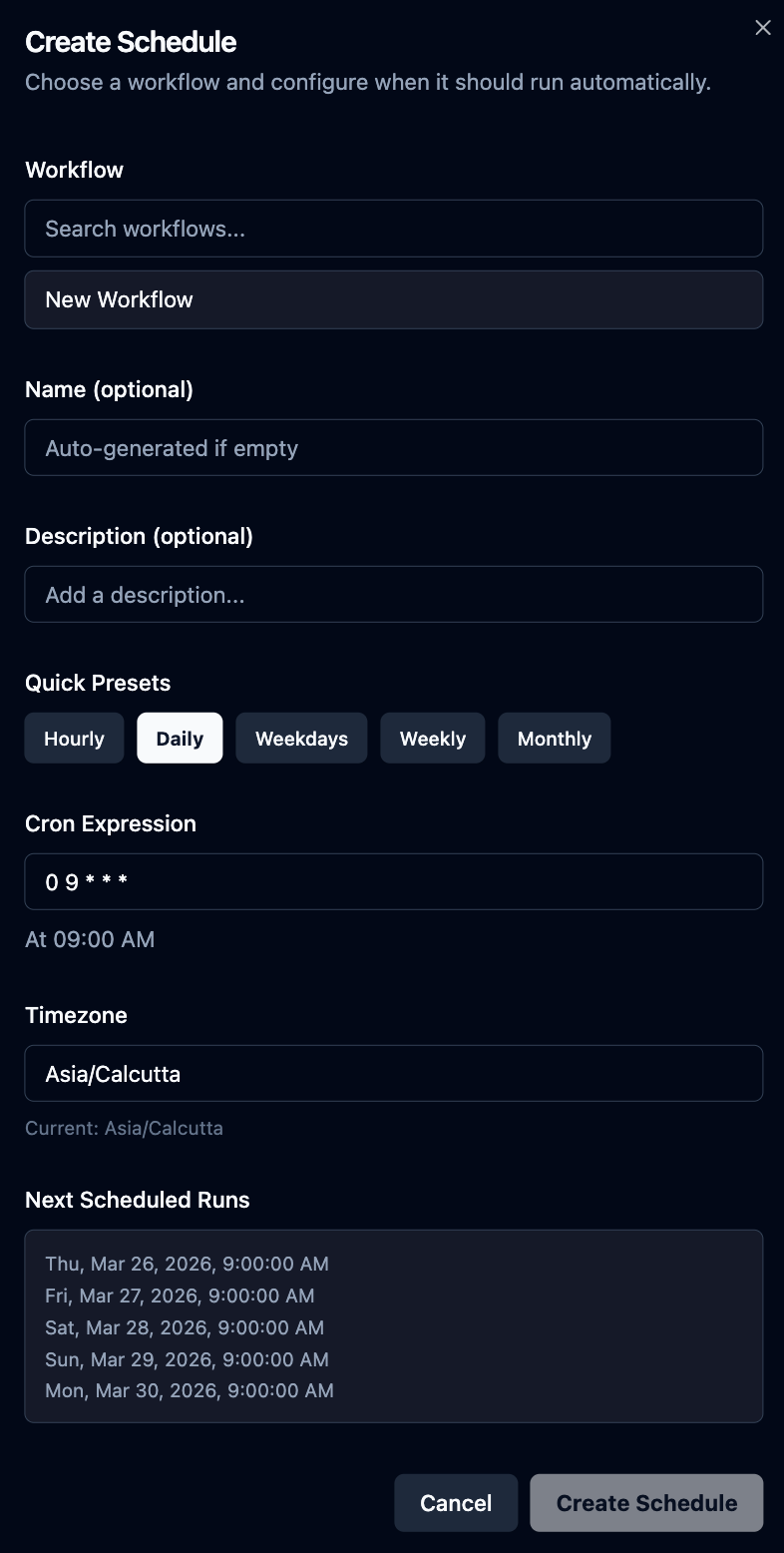 Schedule creation form with agent dropdown, cron expression, timezone, name, and description fields