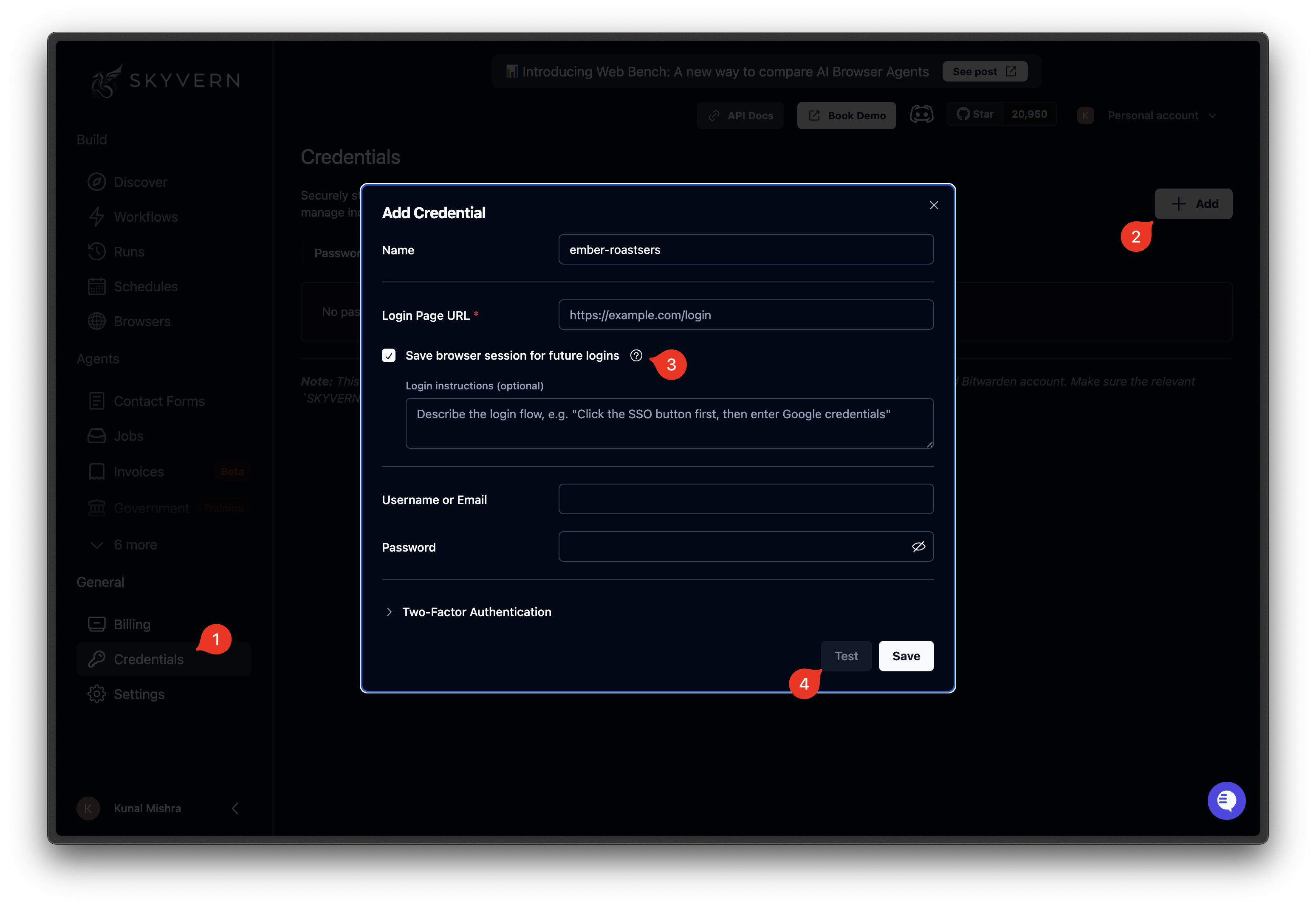 Add password credential dialog with name, username, and password fields