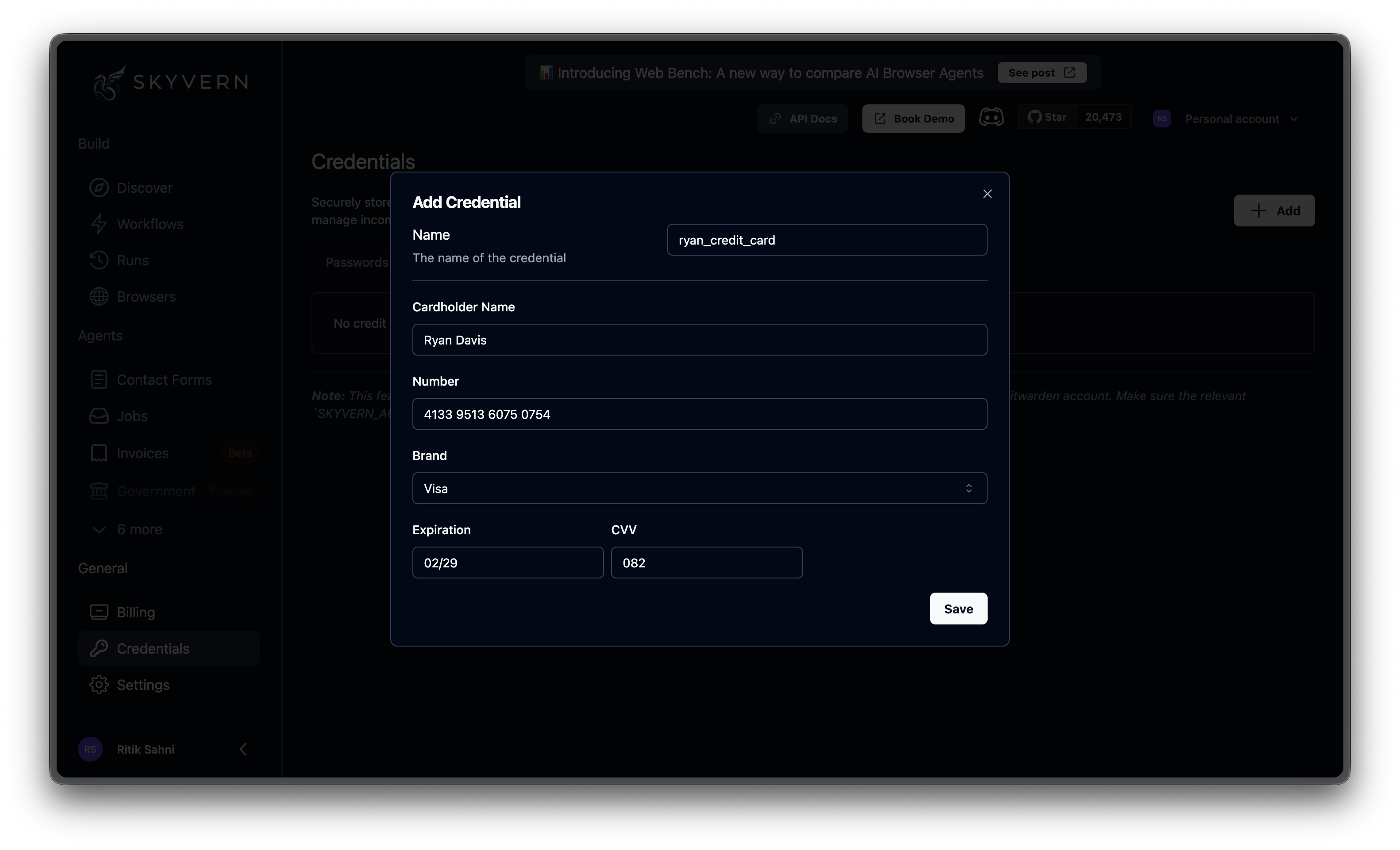 Add Credit Card credential modal
