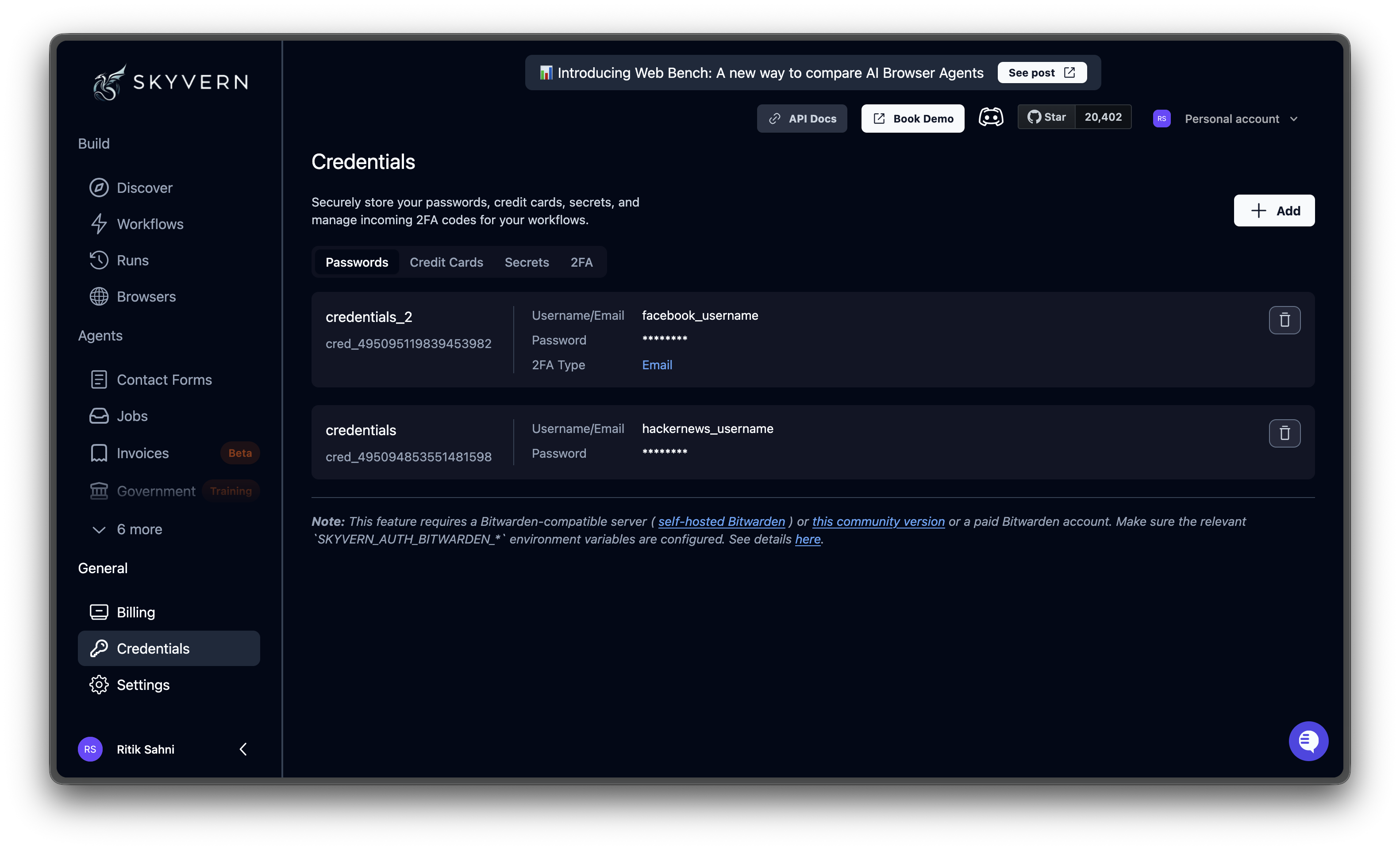 Credentials page with password and credit card credentials