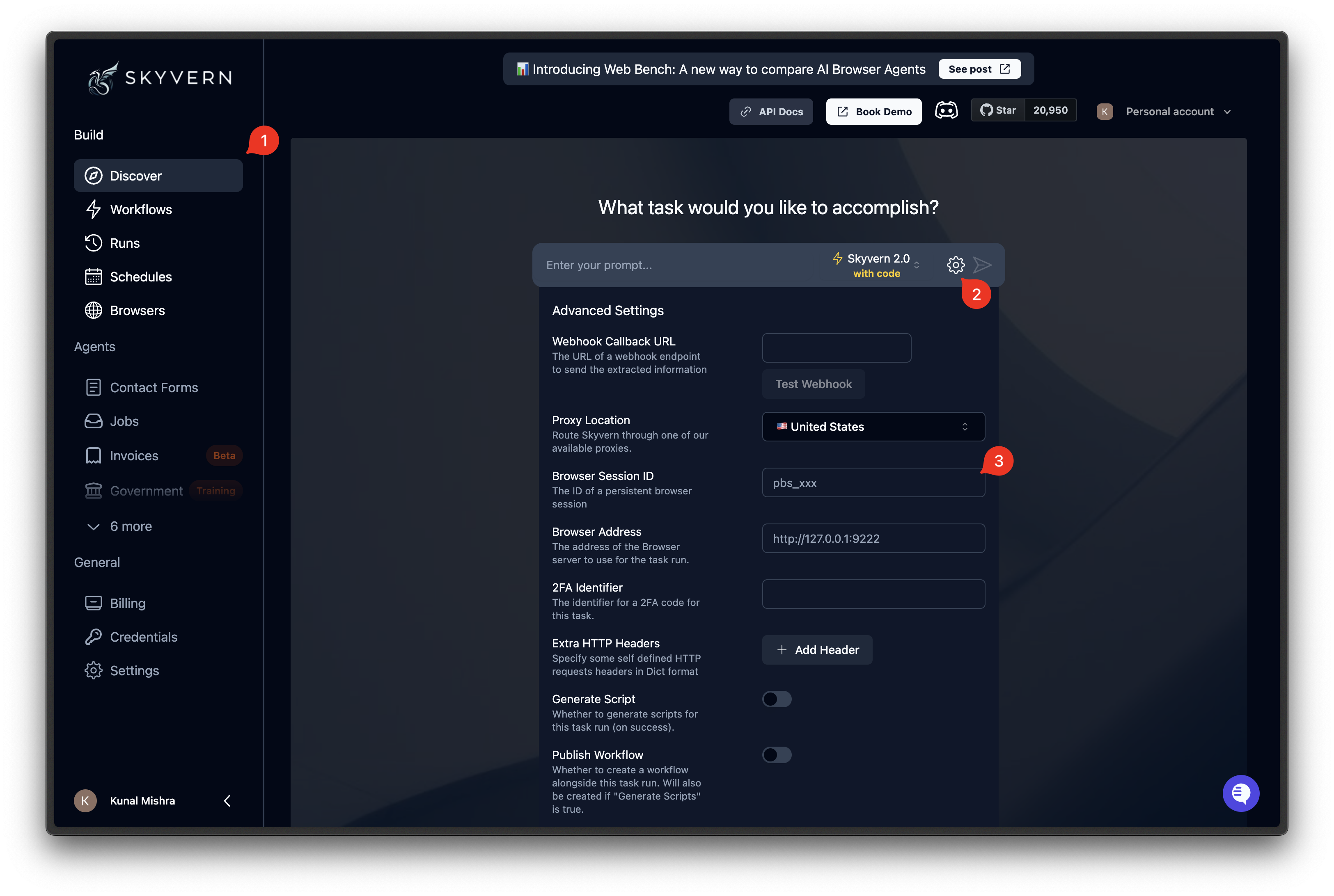 Advanced settings panel on the Discover page with a pbs_ session ID entered in the Browser Session ID field