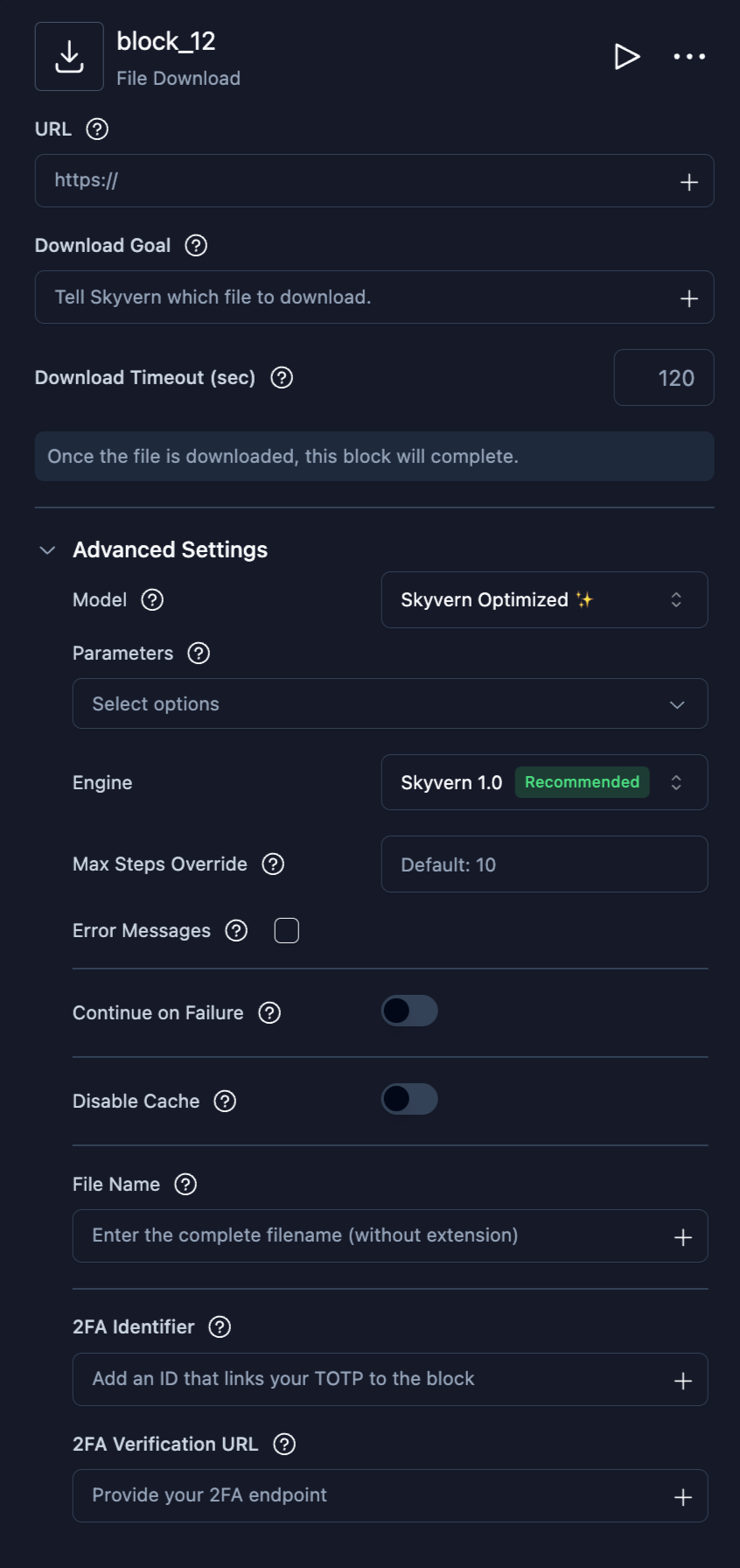 File Download block configuration with URL, Download Goal, and Download Timeout fields