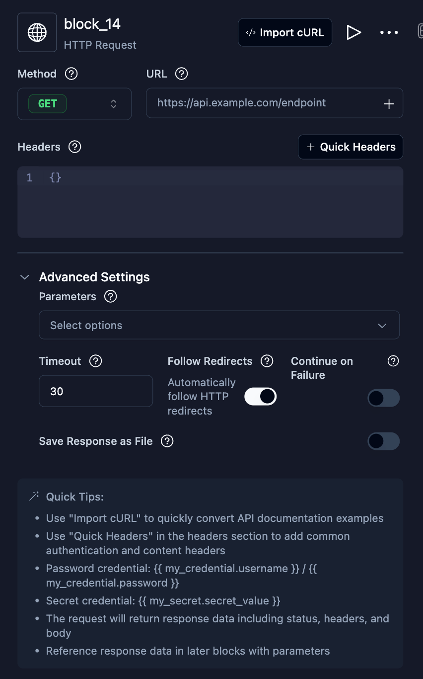 HTTP Request block configuration with Method, URL, Headers, and Body fields
