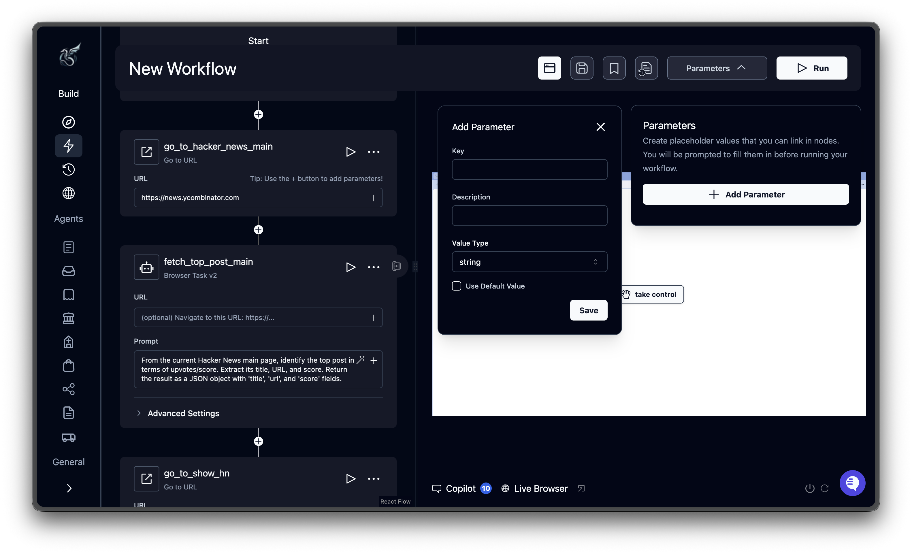 Parameters panel