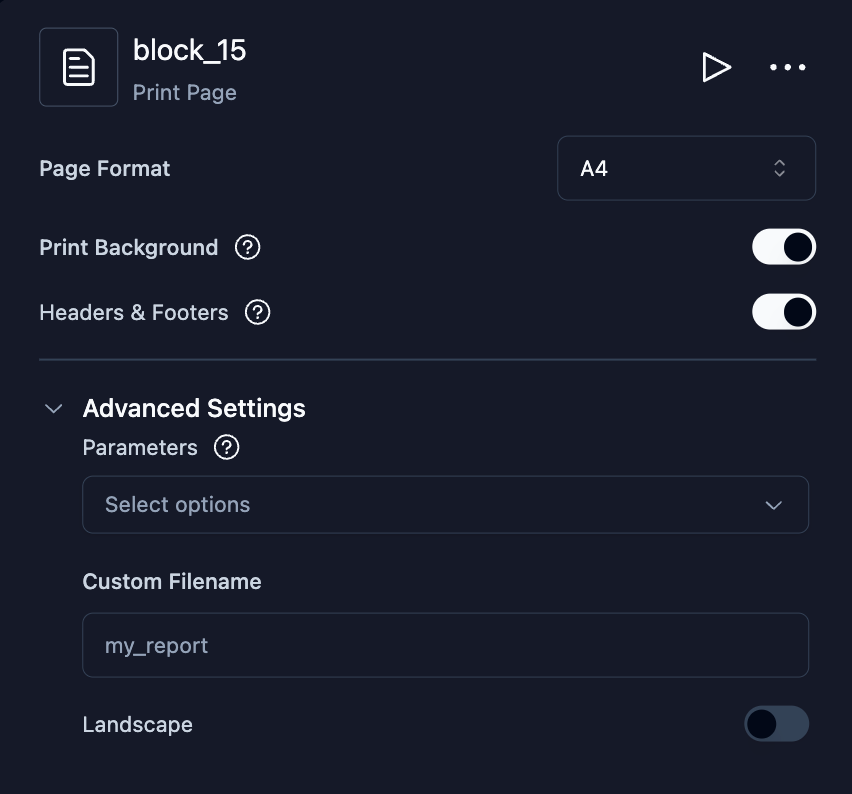 Print Page block configuration with page format, print background, and headers & footers options