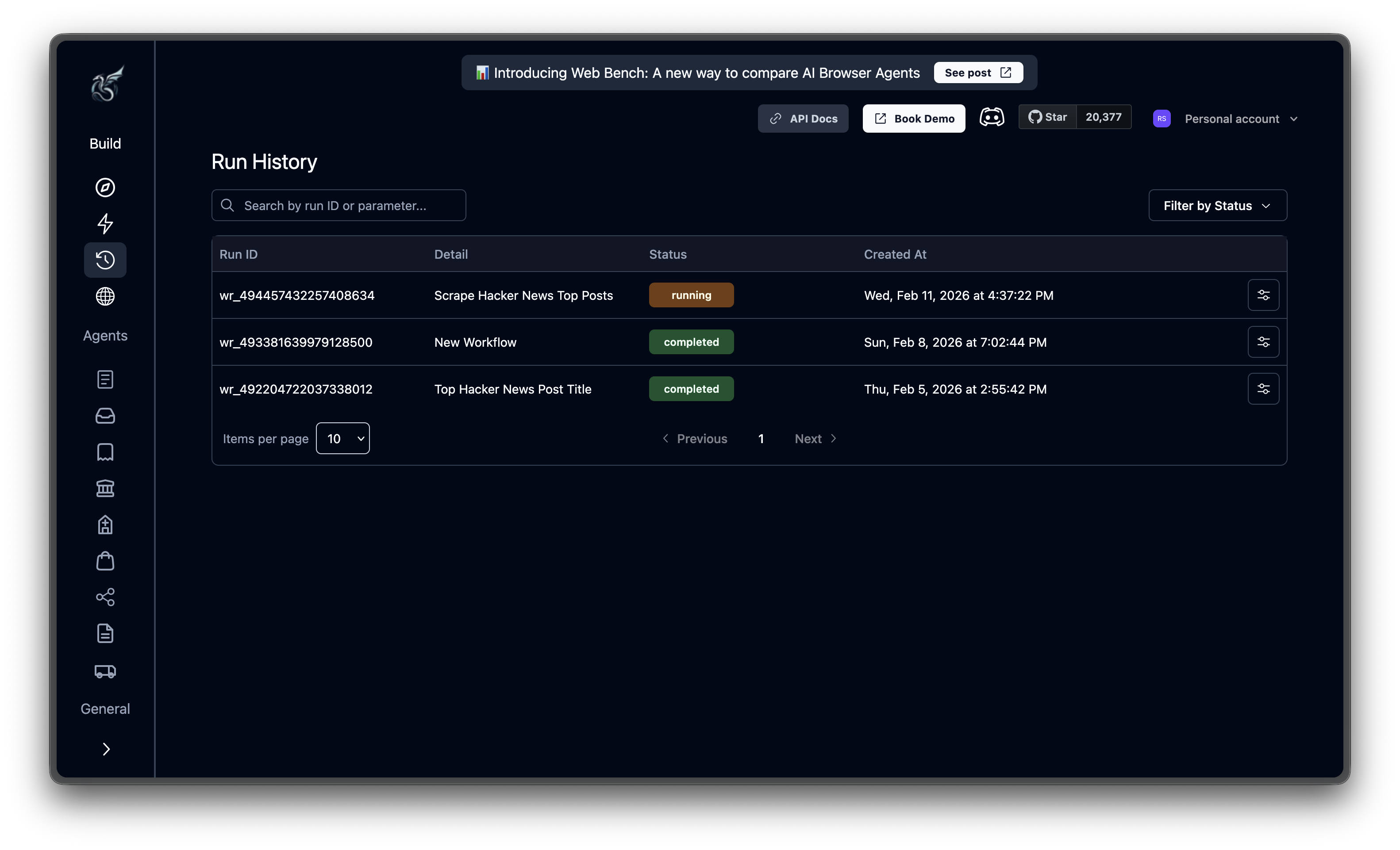 Runs page showing execution history with statuses