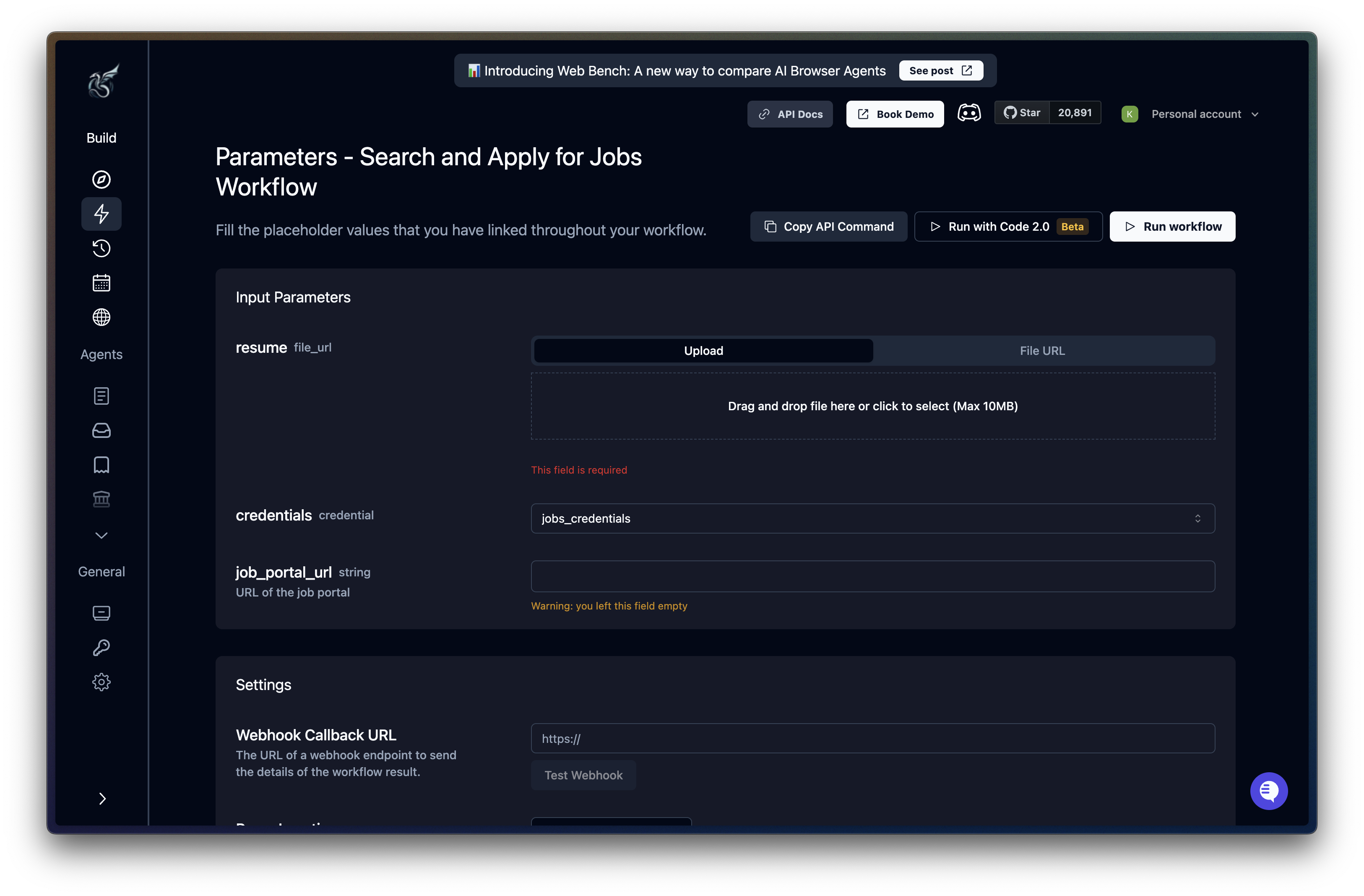 Parameters page showing input fields and settings before starting an agent run