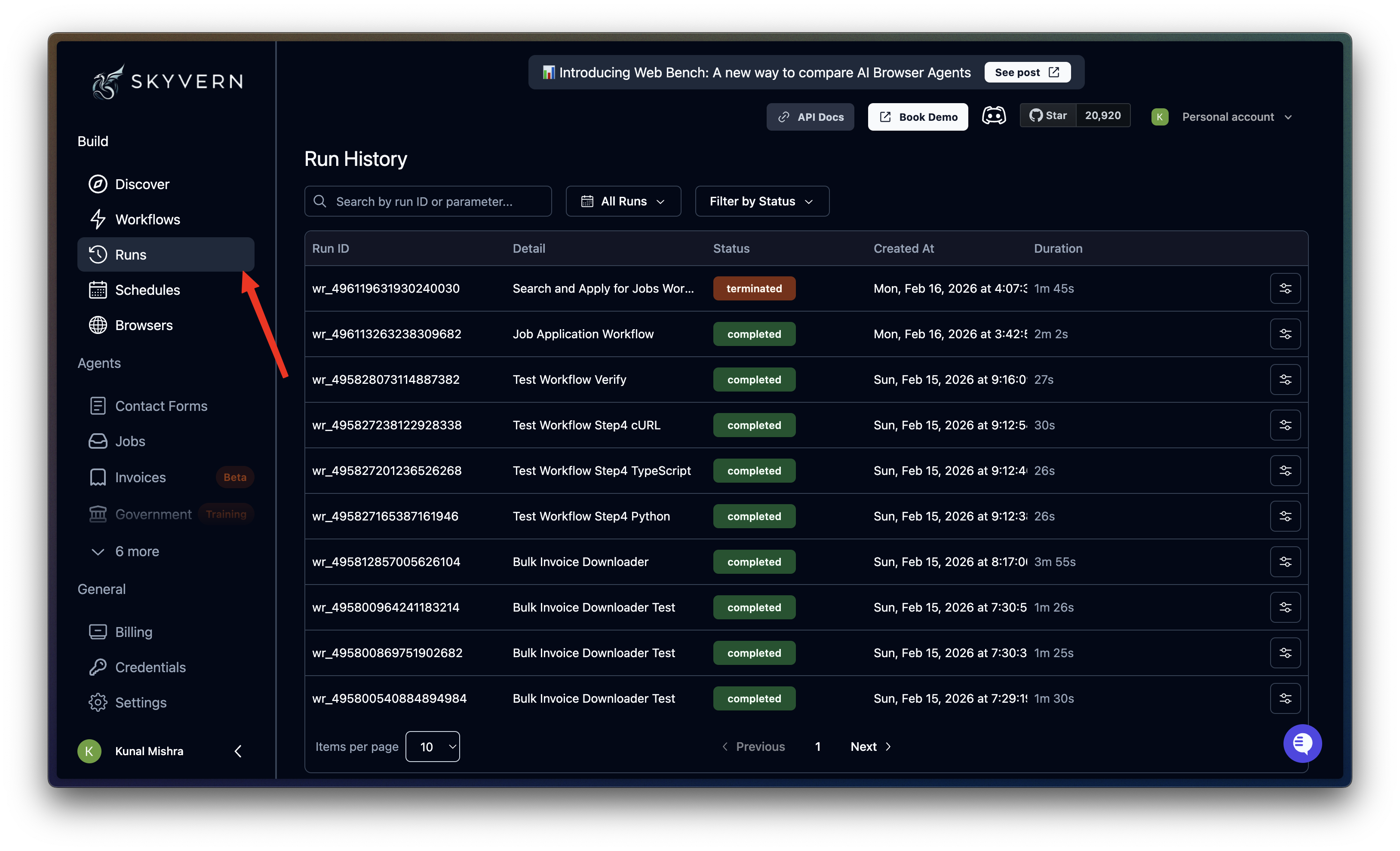 Run History page in the sidebar showing all past runs with status and duration