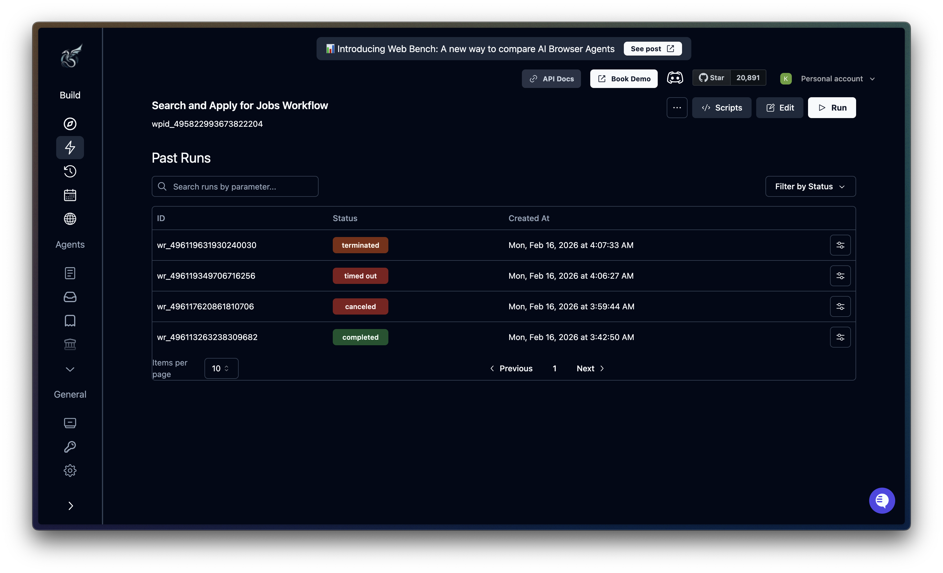 Past Runs view for a specific agent showing run statuses and timestamps
