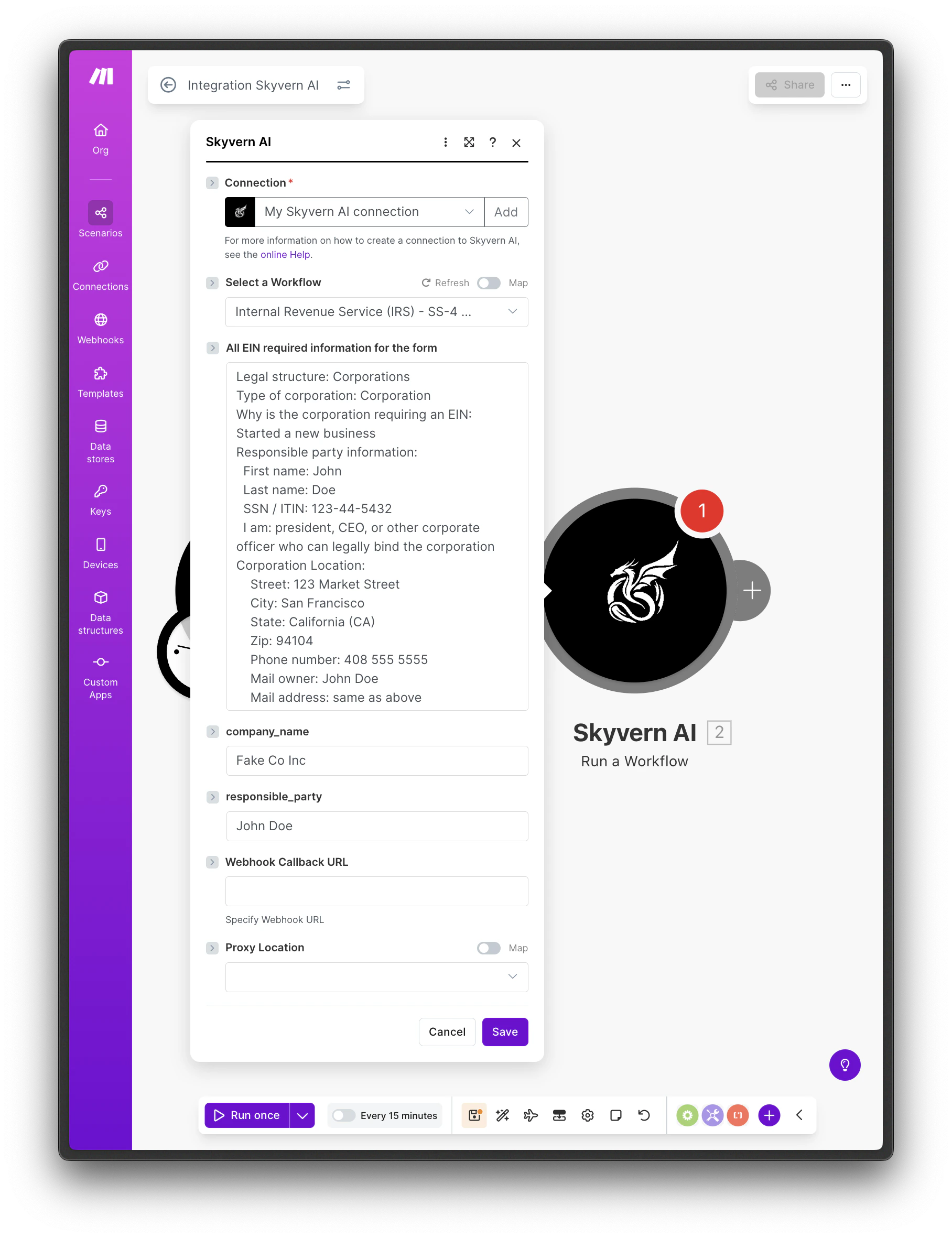 Configure workflow fields in Make.com