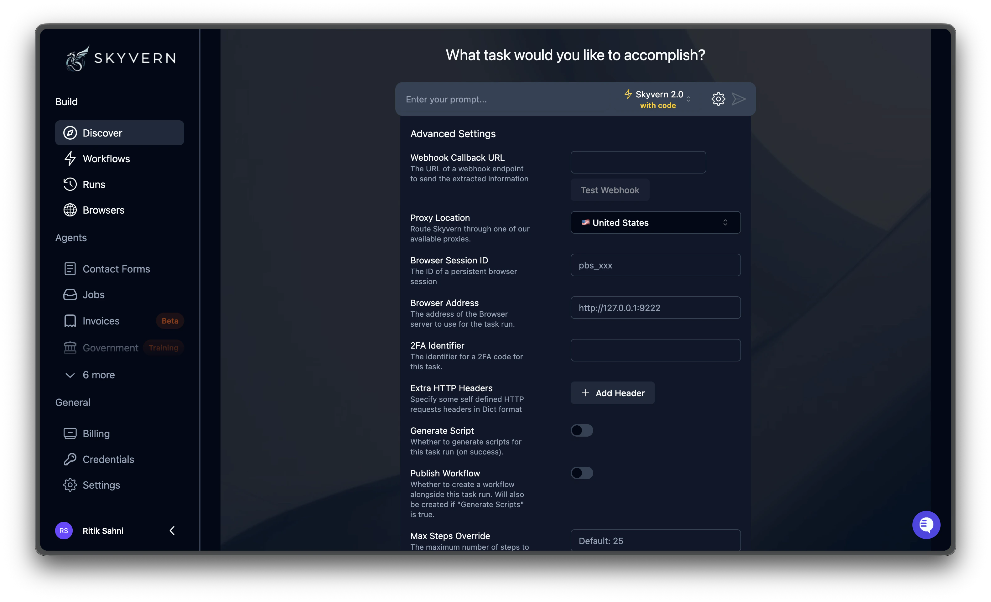 Advanced settings panel