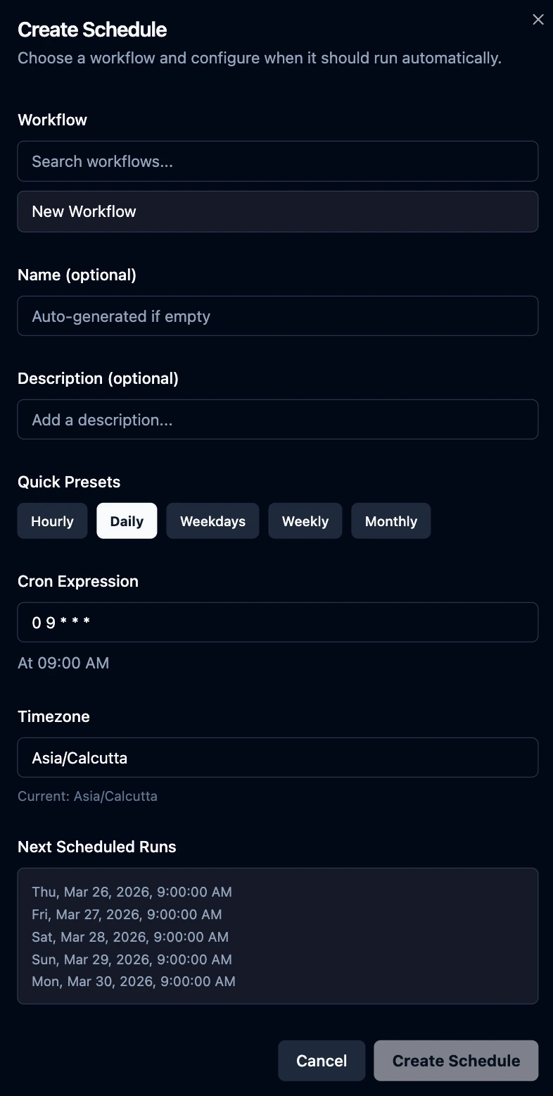 Schedule creation form with workflow dropdown, cron expression, timezone, name, and description fields