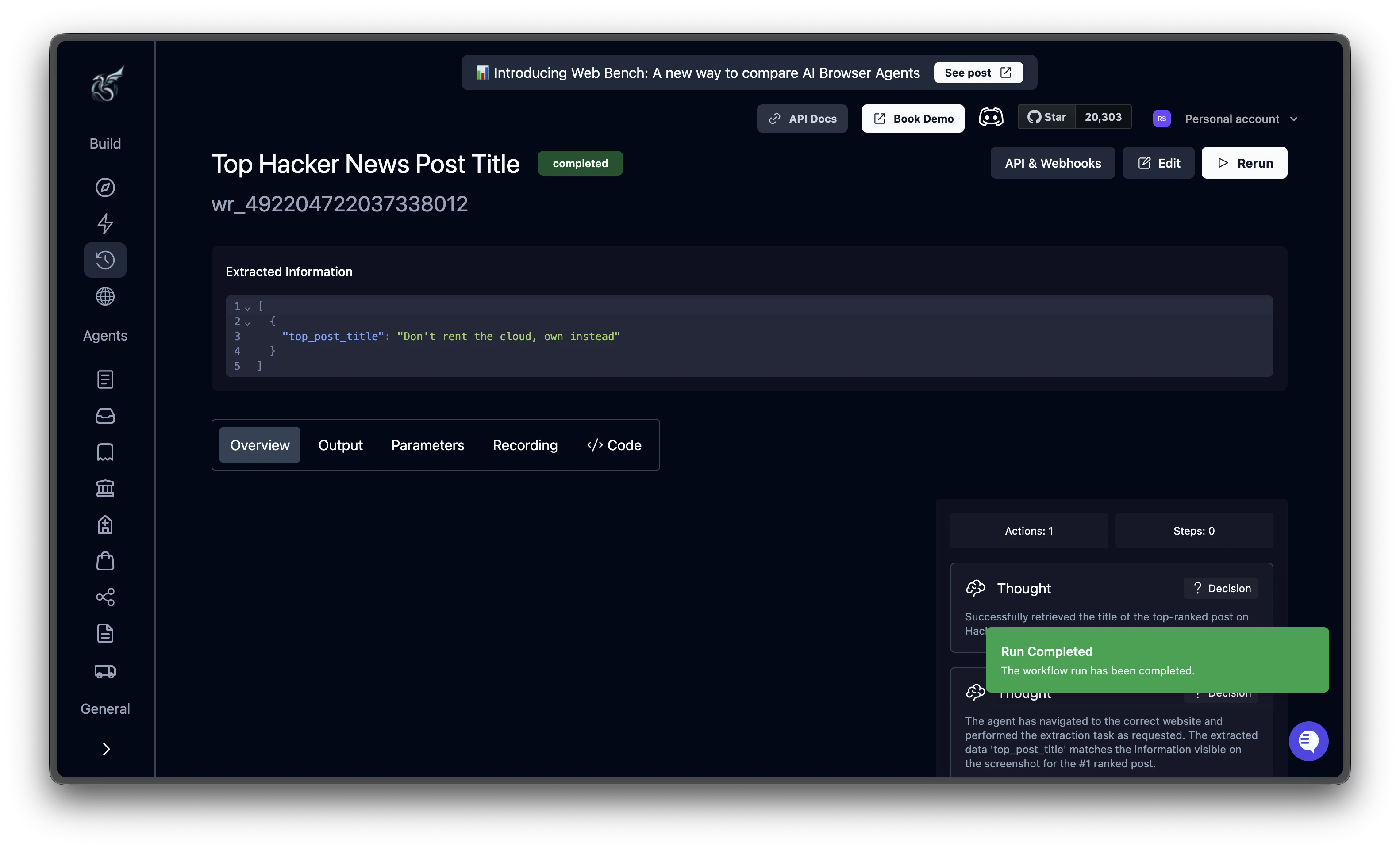 Completed run showing extracted data and result tabs