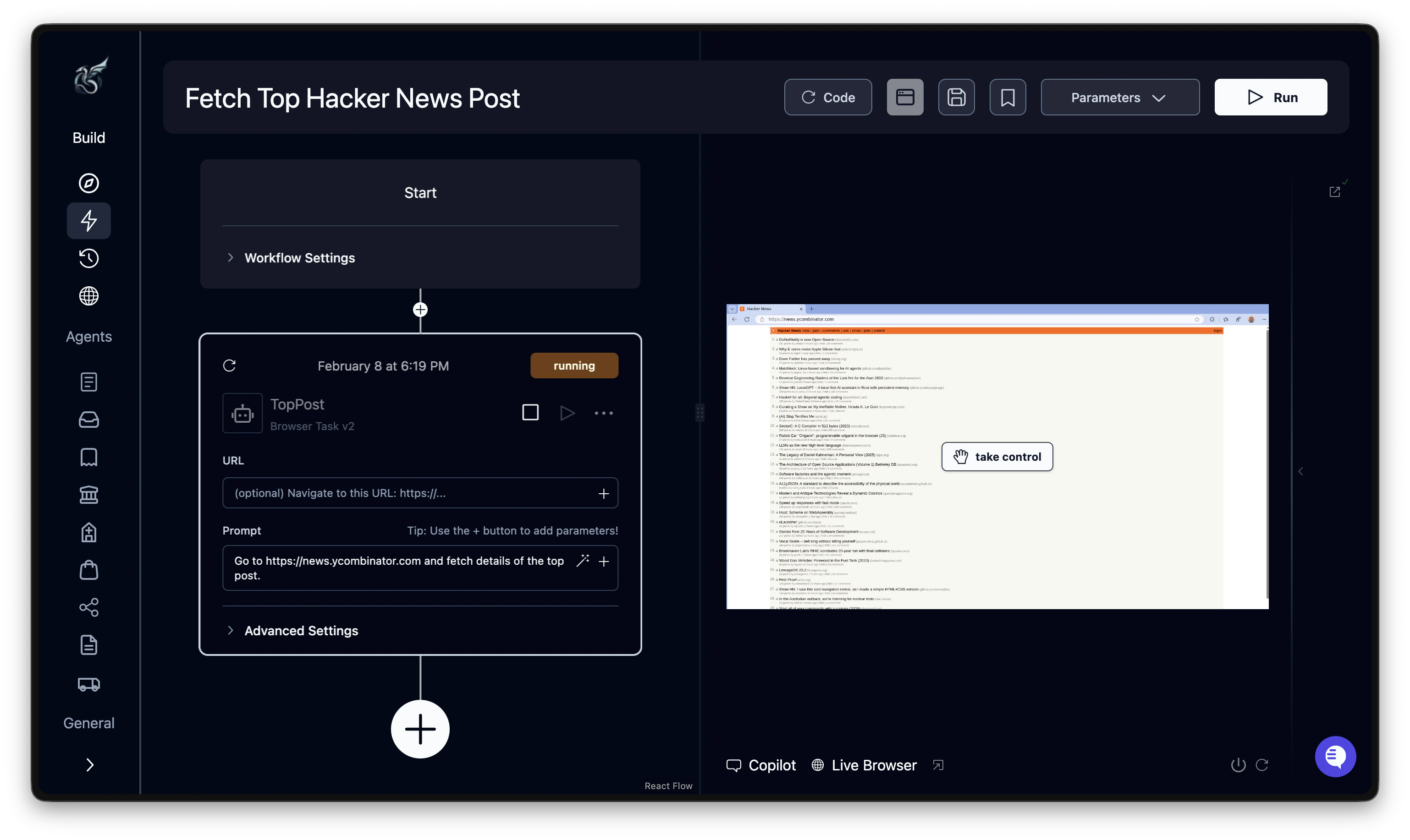 Live execution screen