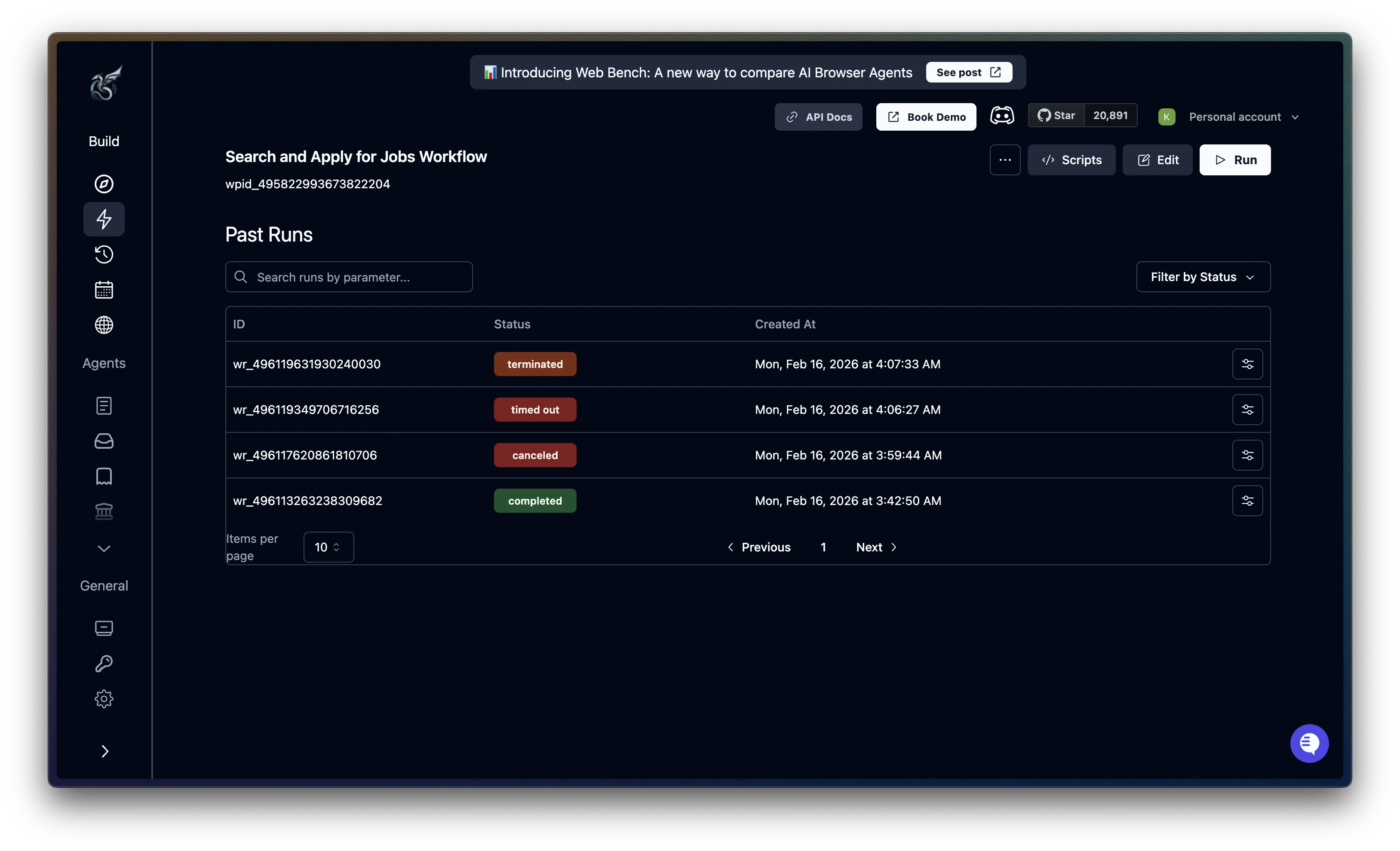 Past Runs view for a specific workflow showing run statuses and timestamps
