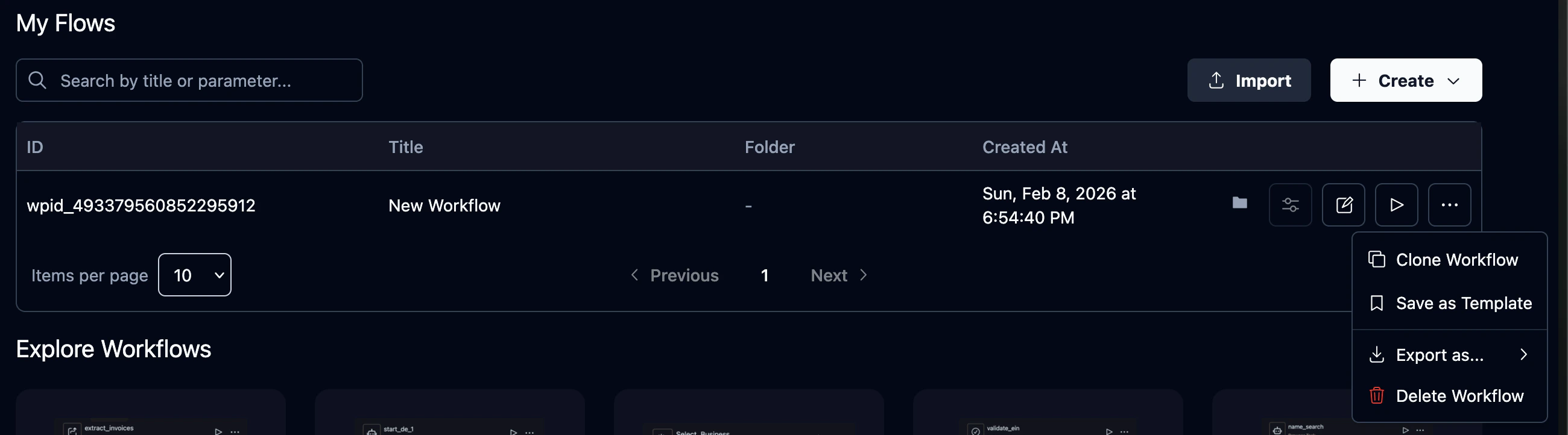 Workflow actions menu