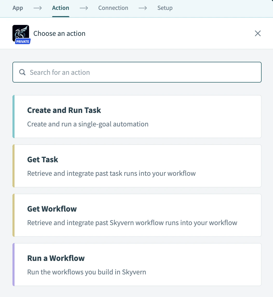 List of available Skyvern actions in Workato