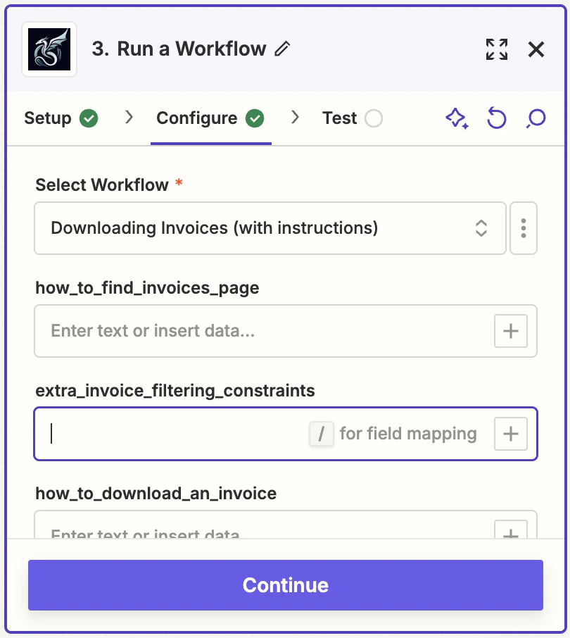 Configure workflow parameters in Zapier