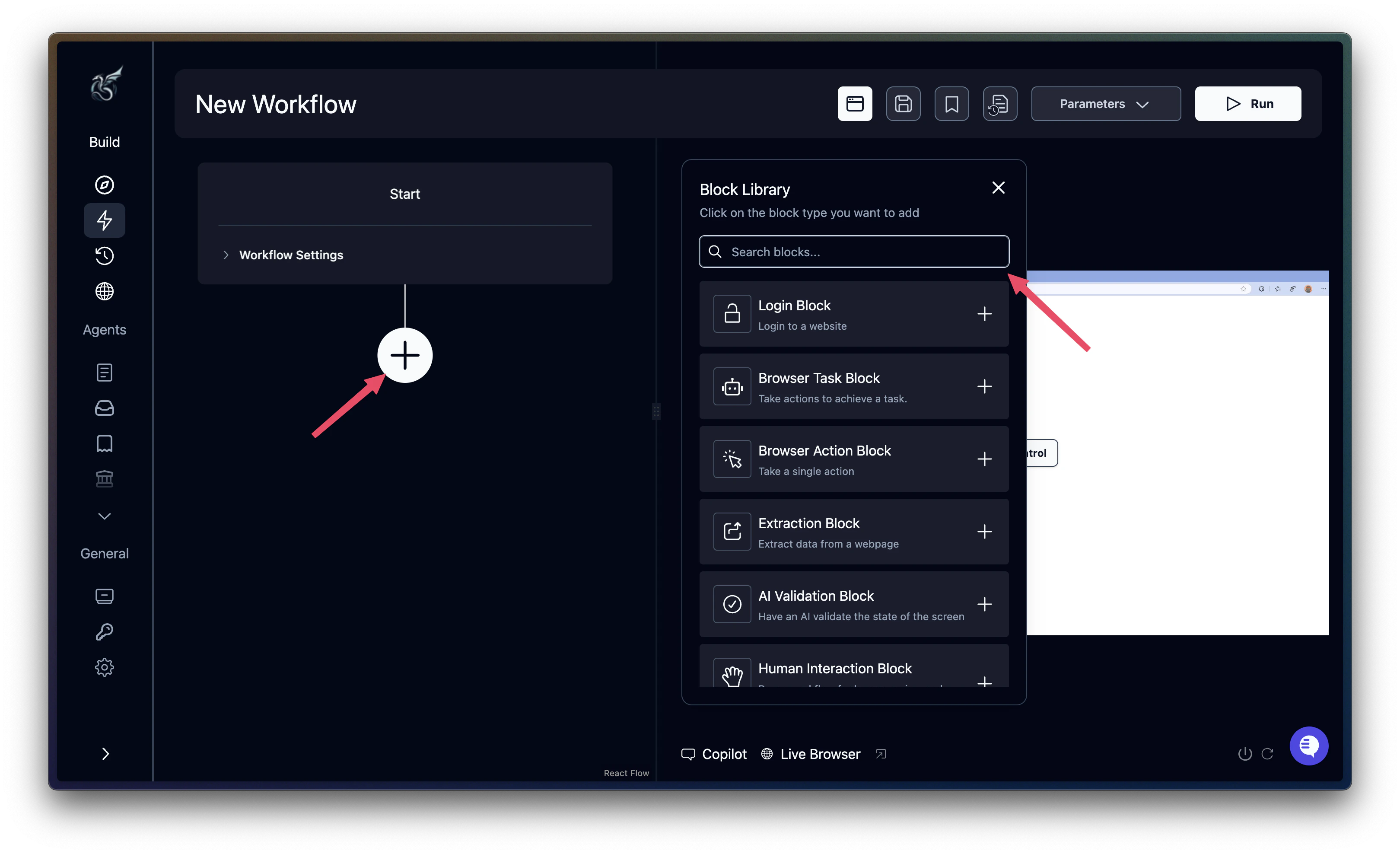 Adding a block in a workflow in Skyvern