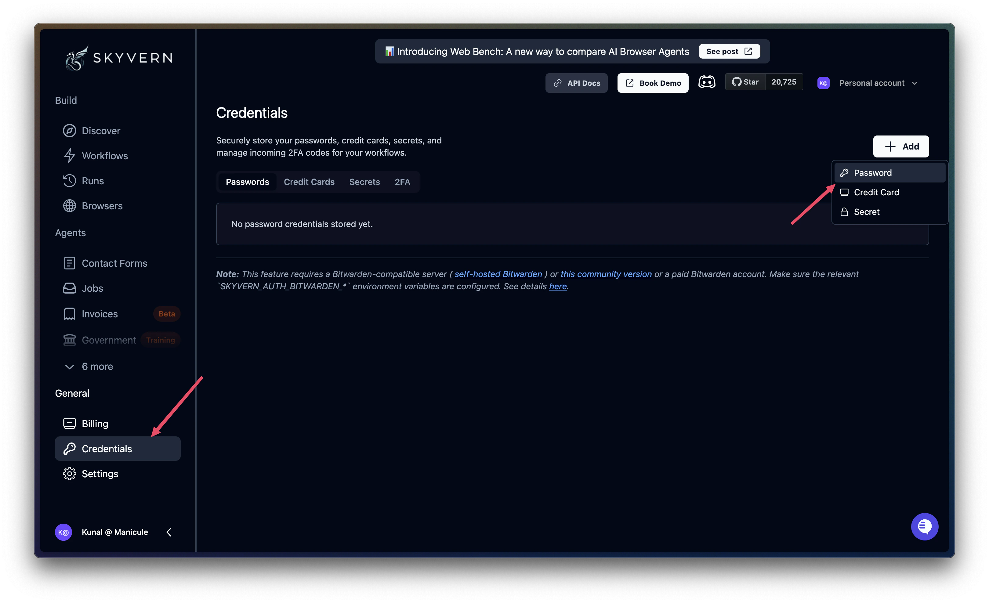 Creating a password credential on Skyvern