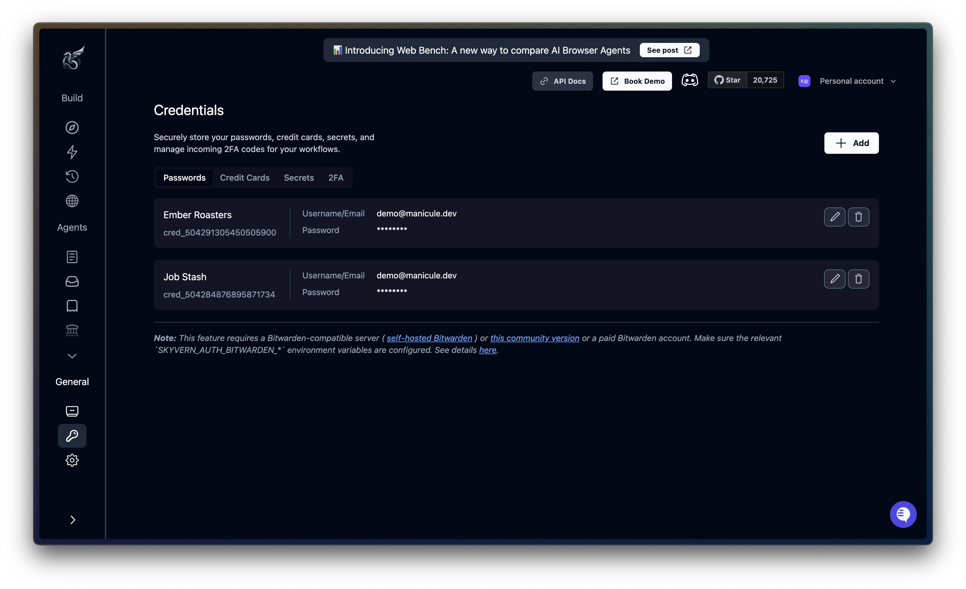 Fill username and password to add a credential to Skyvern