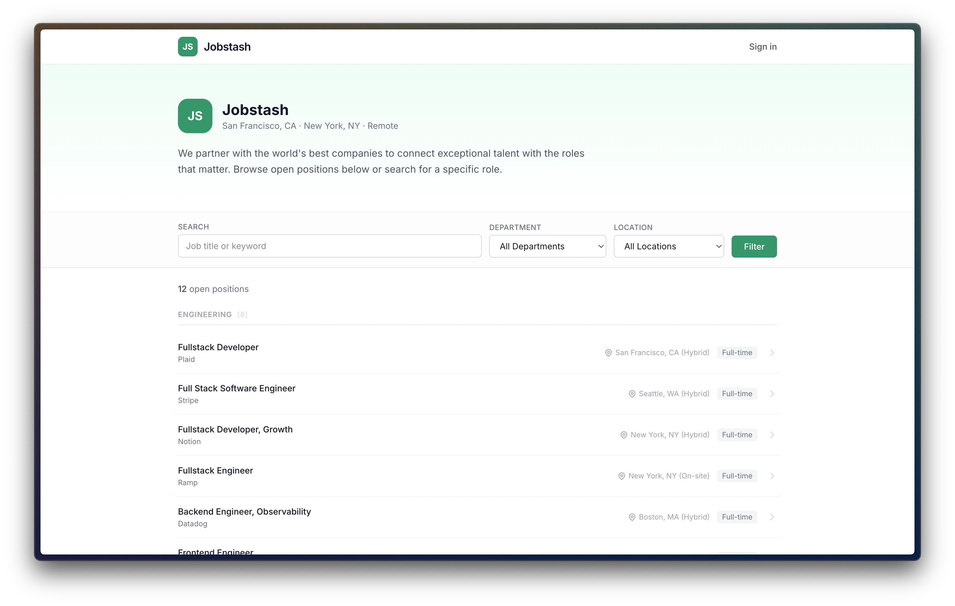 Job Stash, a demo job portal