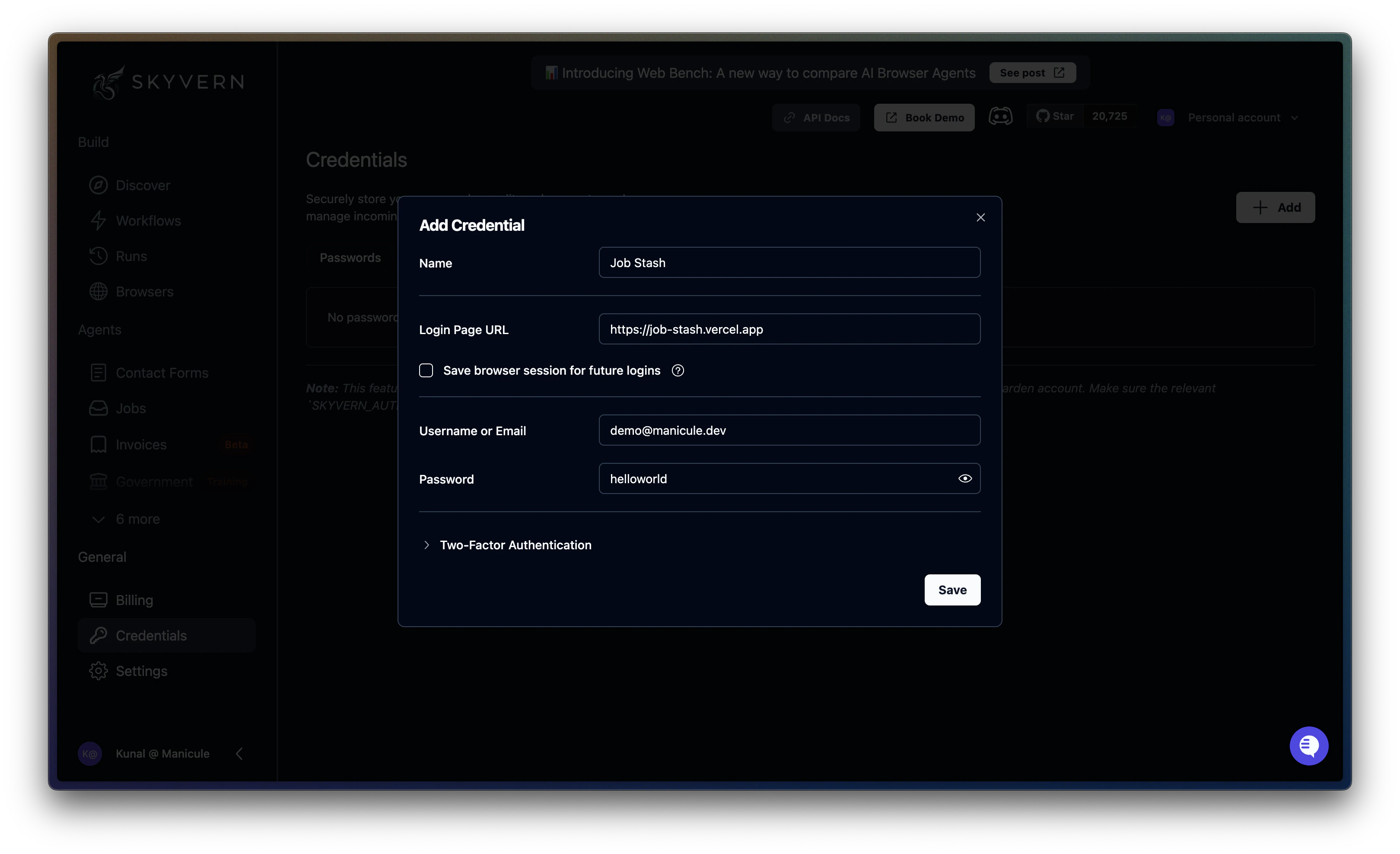 Fill username and password to add a credential to Skyvern