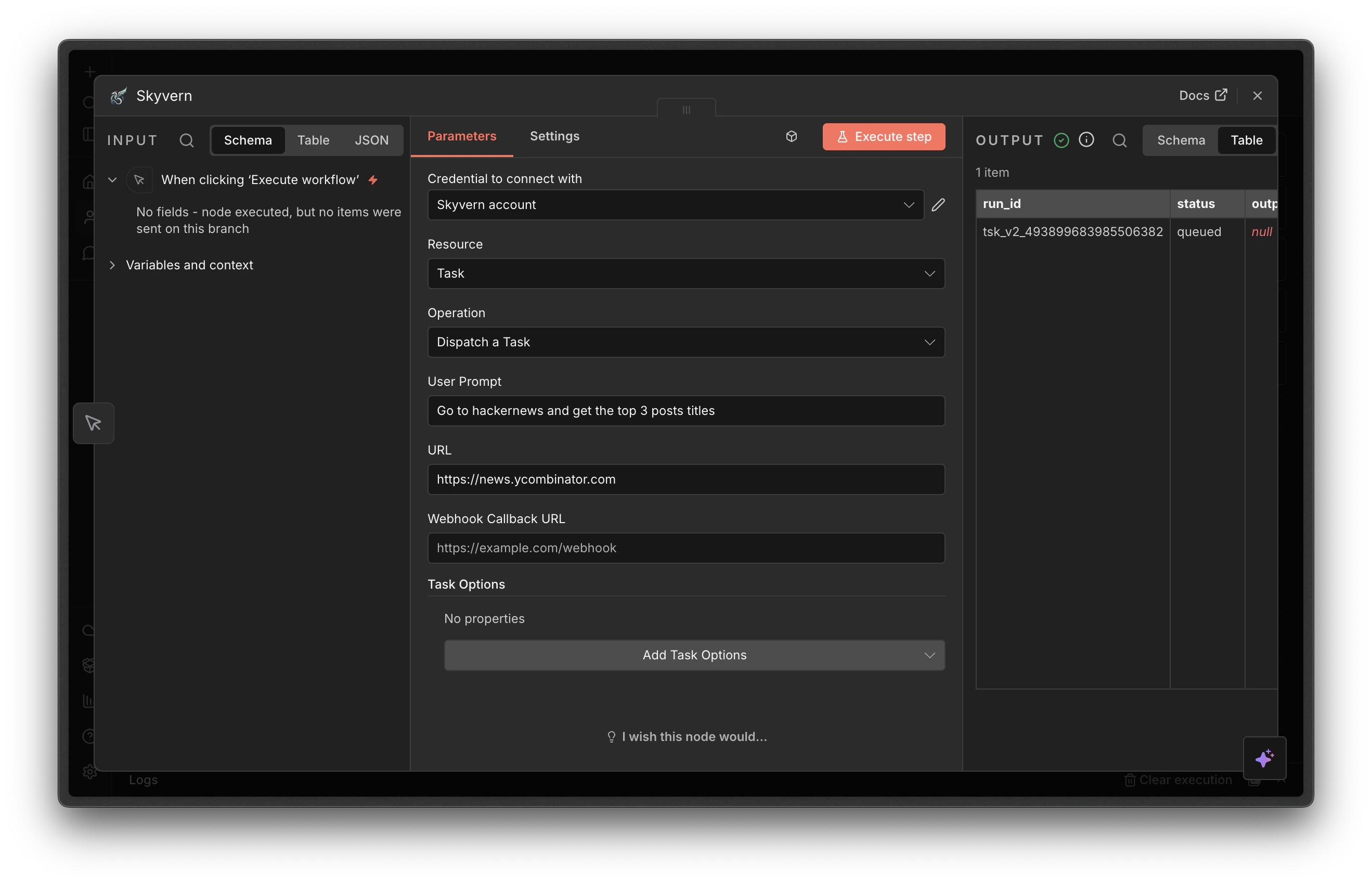 Configure Dispatch a Task fields in n8n