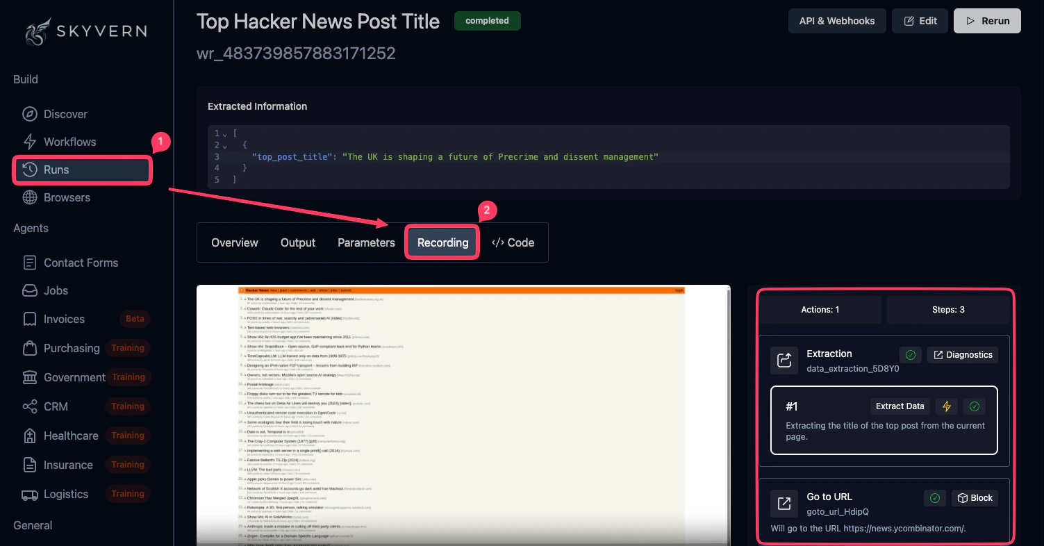 Recording tab in Skyvern Cloud