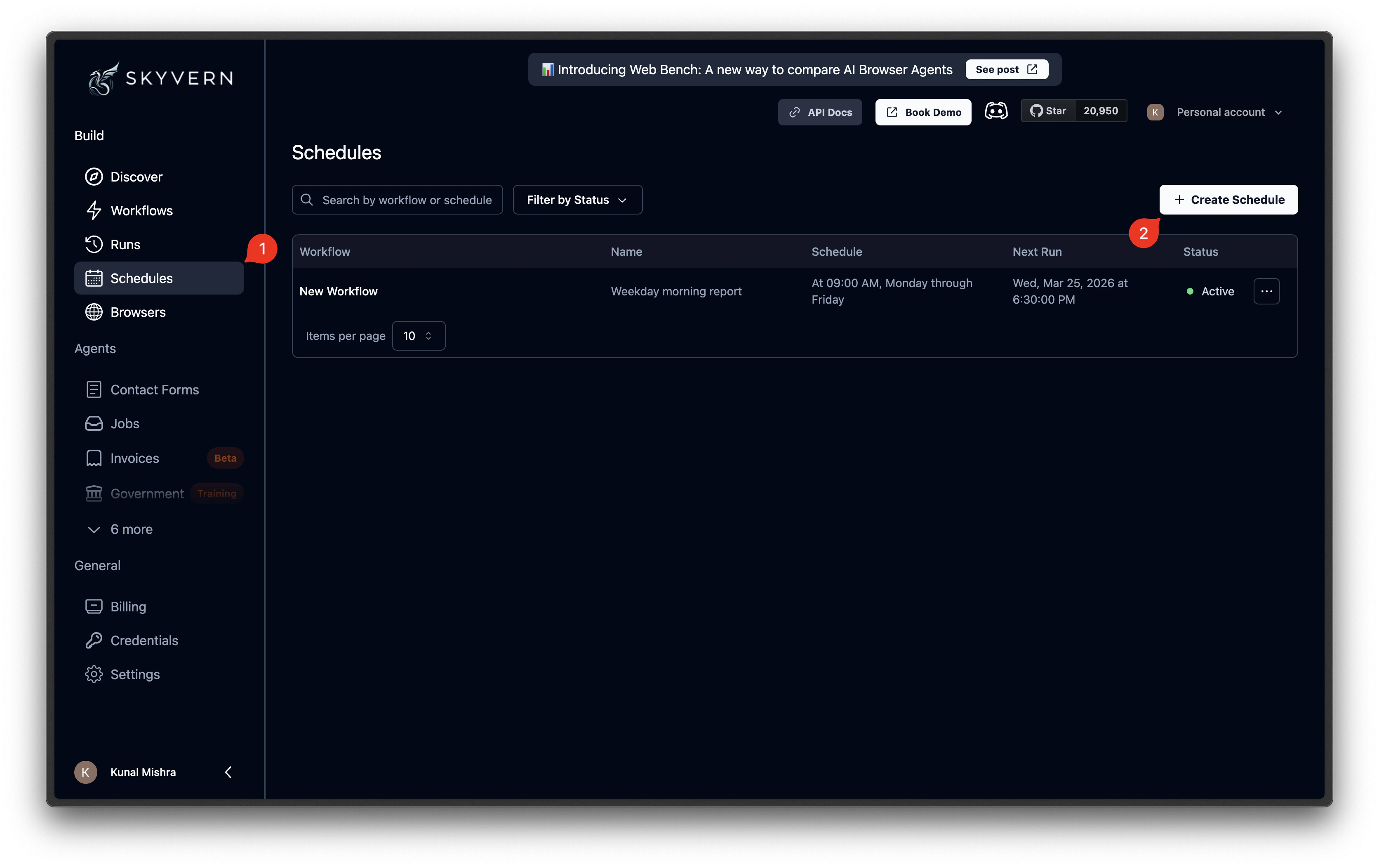 Schedules page with Create Schedule button in the top right corner
