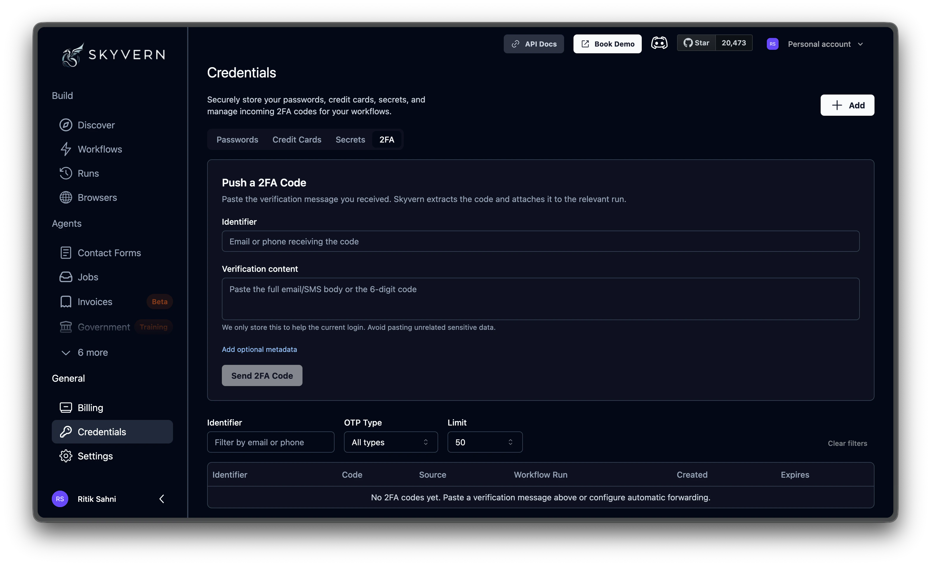 2FA tab showing the Push a 2FA Code form and code history table