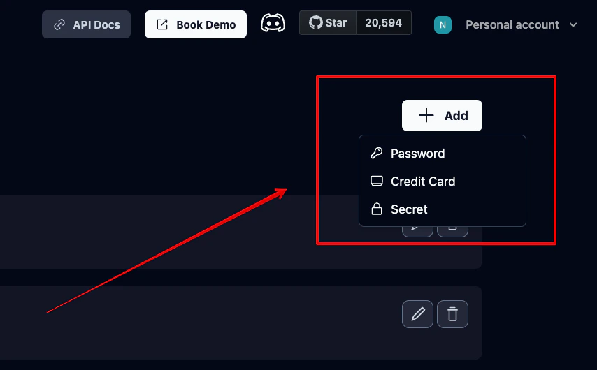 Add dropdown showing Password, Credit Card, and Secret options