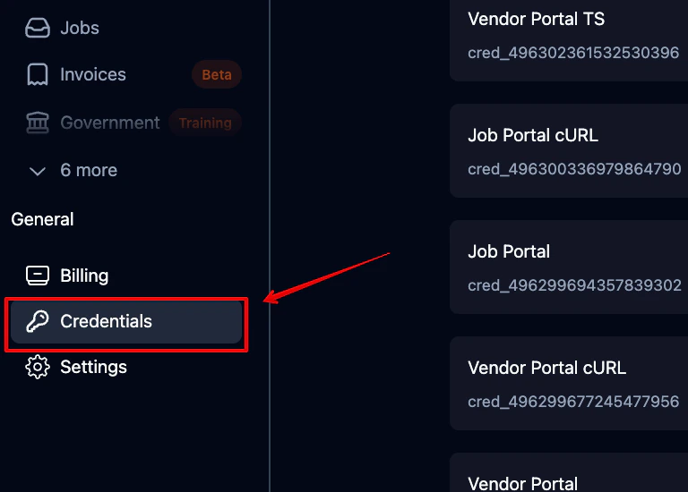 Credentials option in the left sidebar under General