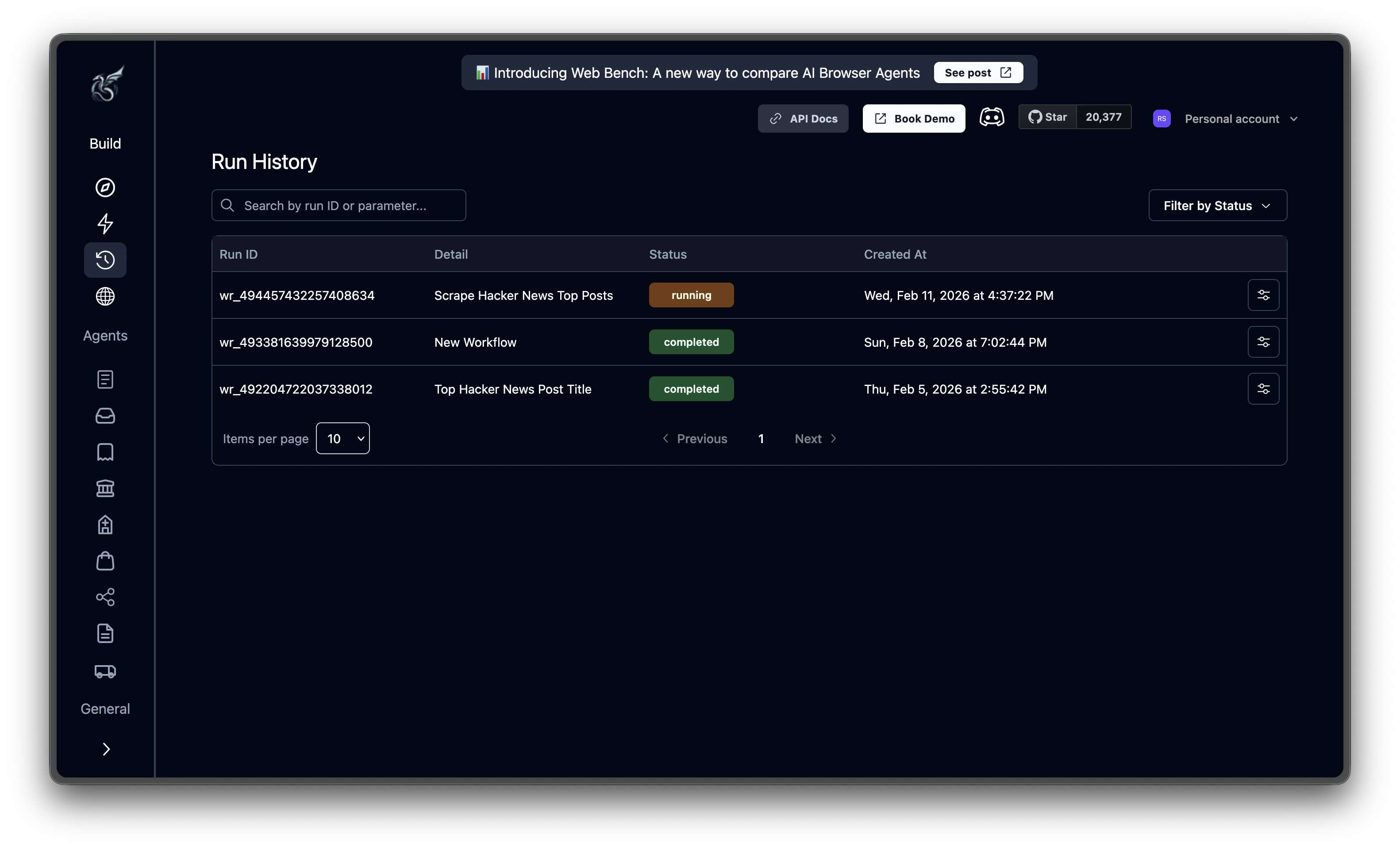 Run History page overview